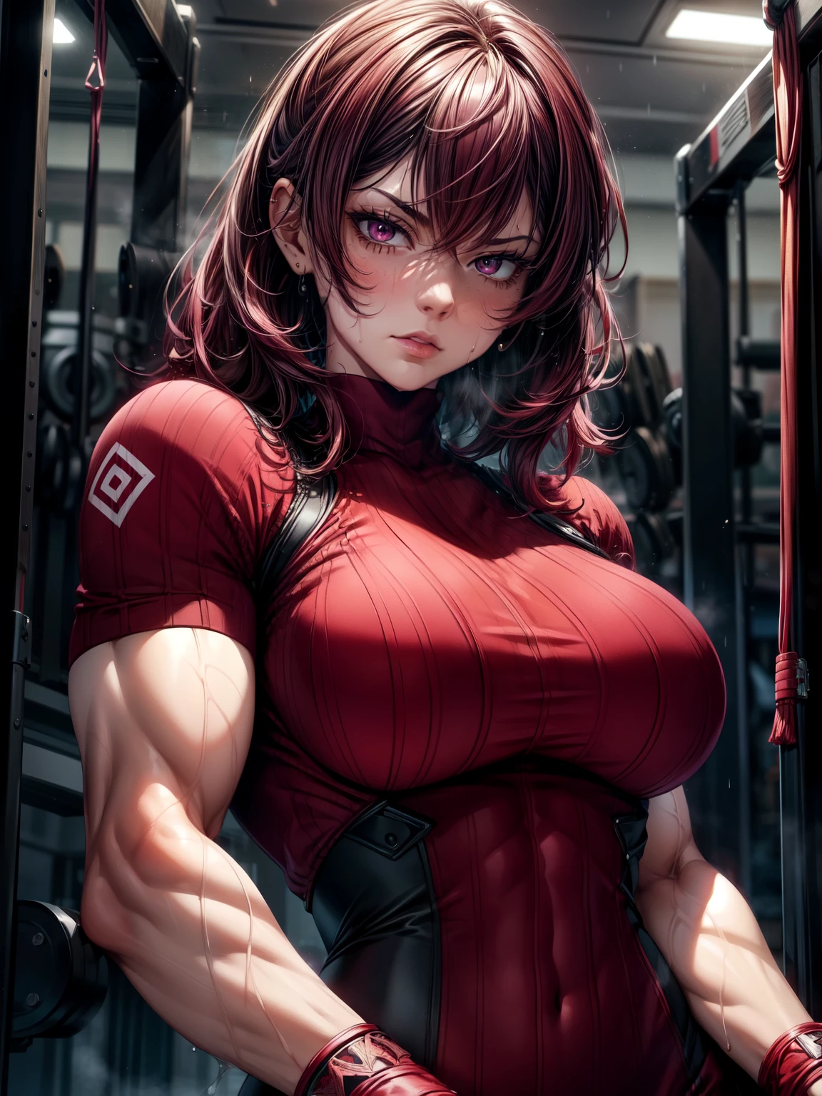 burgandy color, (extremely detailed CG unity 8k wallpaper,masterpiece, best quality, ultra-detailed), realistic illumination, realistic shadows, muscular and ripped, tight white gym clothes, intricate and complex detailing,short and tousled burgandy hair, droplets of sweat, sweaty gym atmosphere.