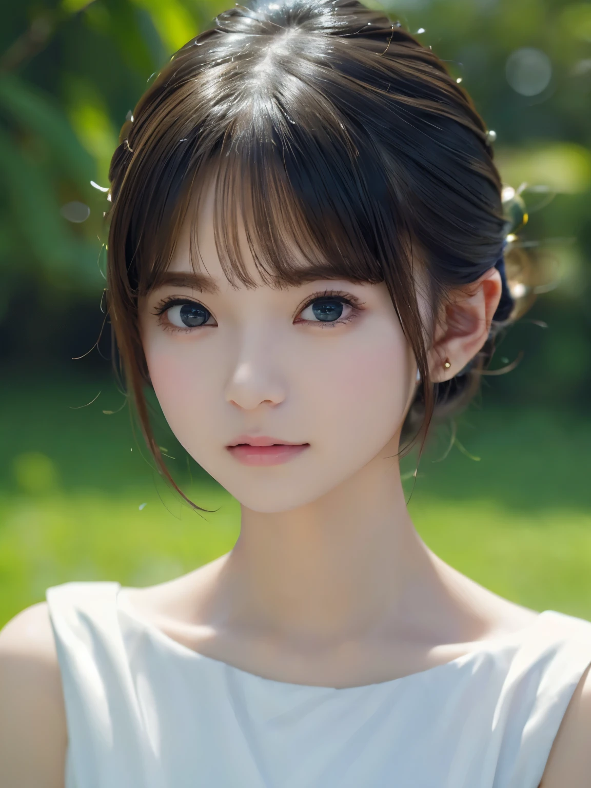 short hair、grassland、(You can see both sides:1.6)、(from the chest up:1.6)、laughter、Close-up portrait of a girl wearing white sleeveless top dress and earrings, soft portrait shot 8k, nice delicate face, High quality 4K portraits, high quality portrait, soft and perfect white skin, 8K highly detailed face, beautiful and delicate face, beautiful light big eyes, beautiful and realistic face, with a beautiful girl, beautiful and realistic face, cute girl