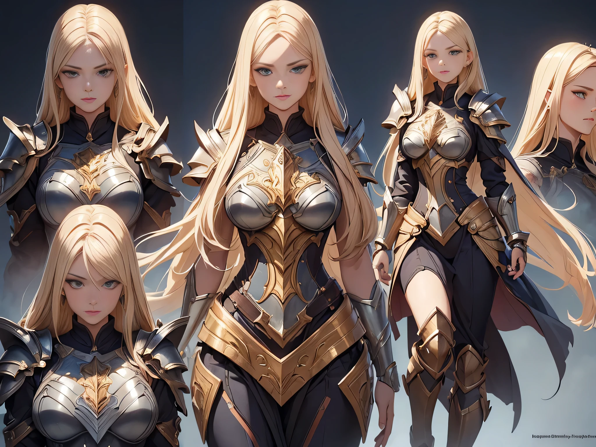 ((Masterpiece, Highest quality)), Detailed face, CharacterDesignSheet, full bodyesbian, Full of details, Multiple poses and expressions, Highly detailed, Depth, Many parts,Beautiful paladin girl,Armor,High Balance, Natural light, Star decoration