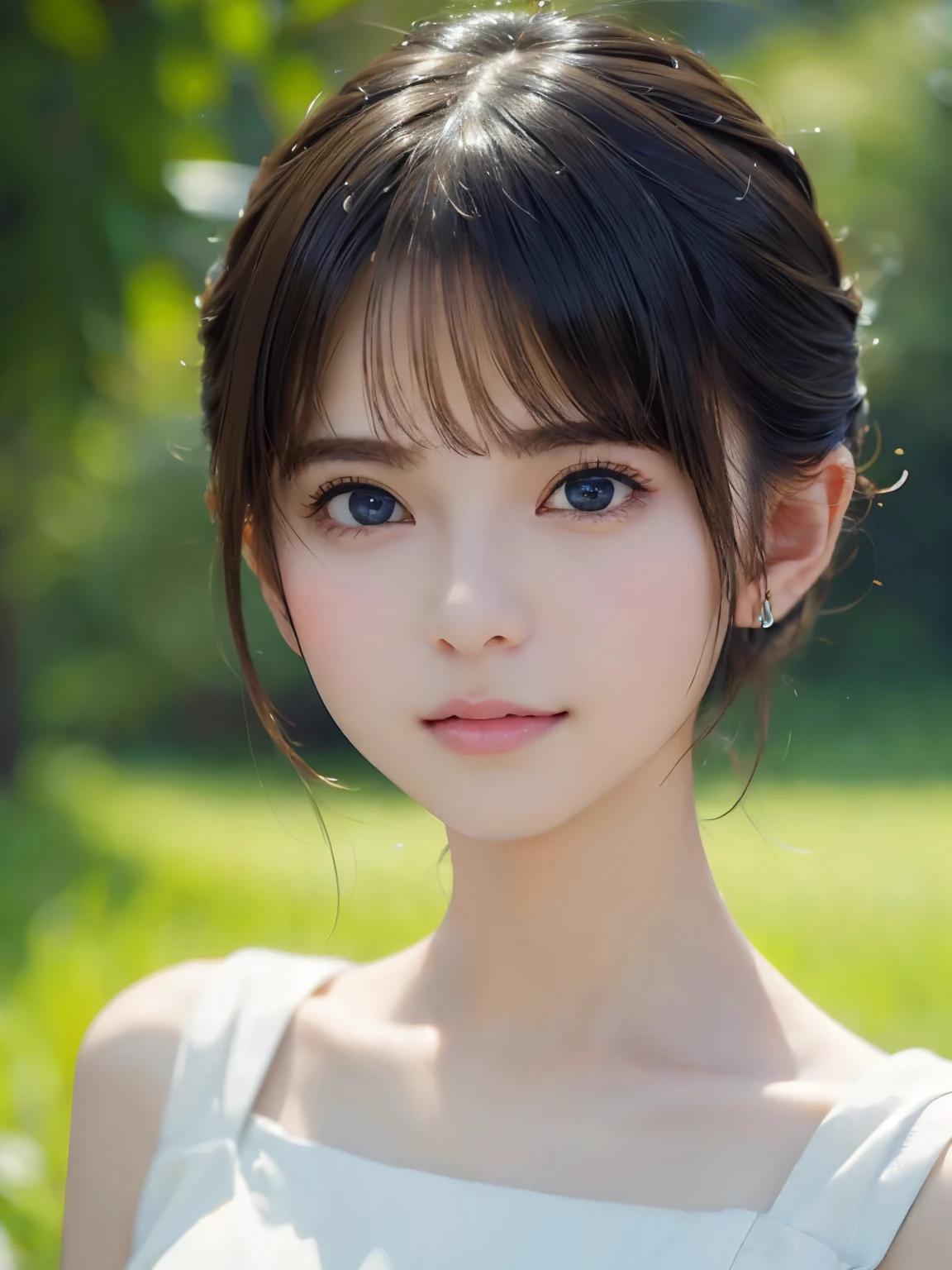 short hair、grassland、(You can see both sides:1.6)、（from the chest up:1.6)、laughter、Close-up portrait of a girl wearing white sleeveless top dress and earrings, soft portrait shot 8k, nice delicate face, High quality 4K portraits, high quality portrait, soft and perfect white skin, 8K highly detailed face, beautiful and delicate face, beautiful light big eyes, beautiful and realistic face, with a beautiful girl, beautiful and realistic face, cute girl