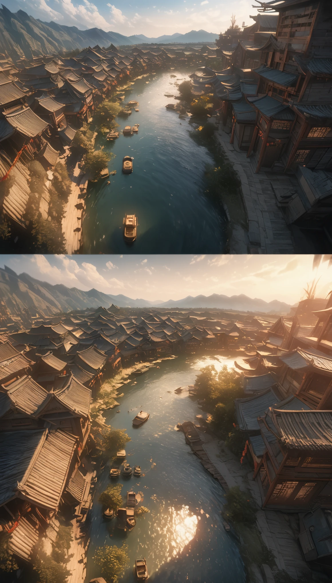 2D picture,comic style,Makoto Shinkai animation style,Makoto Shinkai animation film art style,Ultra wide angle viewing angle,Chinese style,A town with beautiful landscapes,Vision,Super fine,Super detailed,high quality,8K ,oc rendering,dynamic perspective,Super real,Super realistic