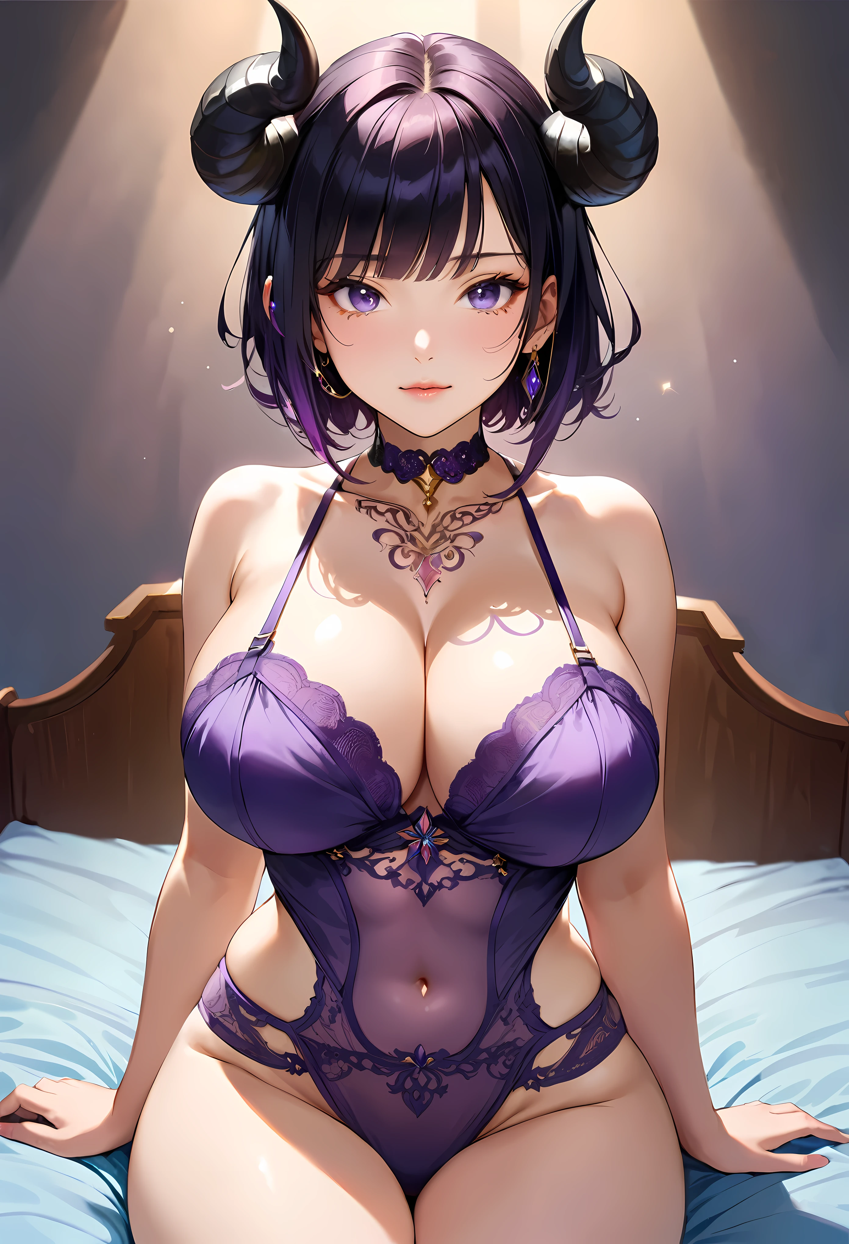 (masutepiece, Best Quality, High resolution:1.3), solo, alone, milf, cowboy shot, Description Girls, detail hands, Detail fingers, Detail Face, cute face, detail legs, overdetailed art, Fine details, (large breasts, wide hips, sexy), (black hair), hair bun, hair ornament, (purple lingerie:1.2),(purple eyes), bare shoulders, jewelry, collarbone,  detached sleeves,  choker, purple dress, skimpy, twisted horns, (black horns:1.2),(Horns on the sides of the head),  sexy, (crying mole), (bedroom:1.2), (night :1.2) , ((tattoo)) , indoor  , on bed , (lying on bed)