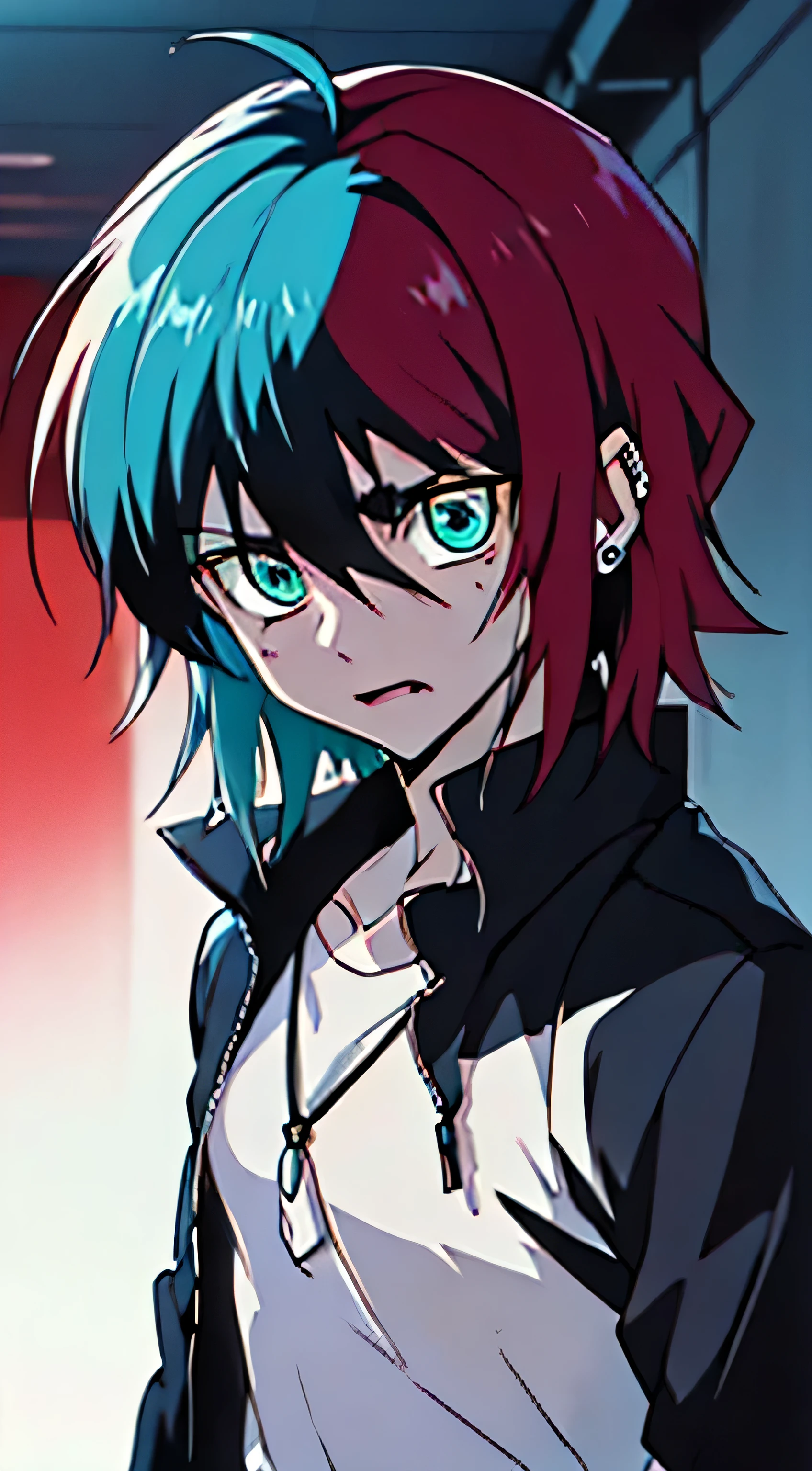 anime,1boy,((light aqua blue hair, short hair)), (((heterochromatic eyes, colored eyes))),earring, black jacket with red details,looking at the screen, (blurred background), face portrait