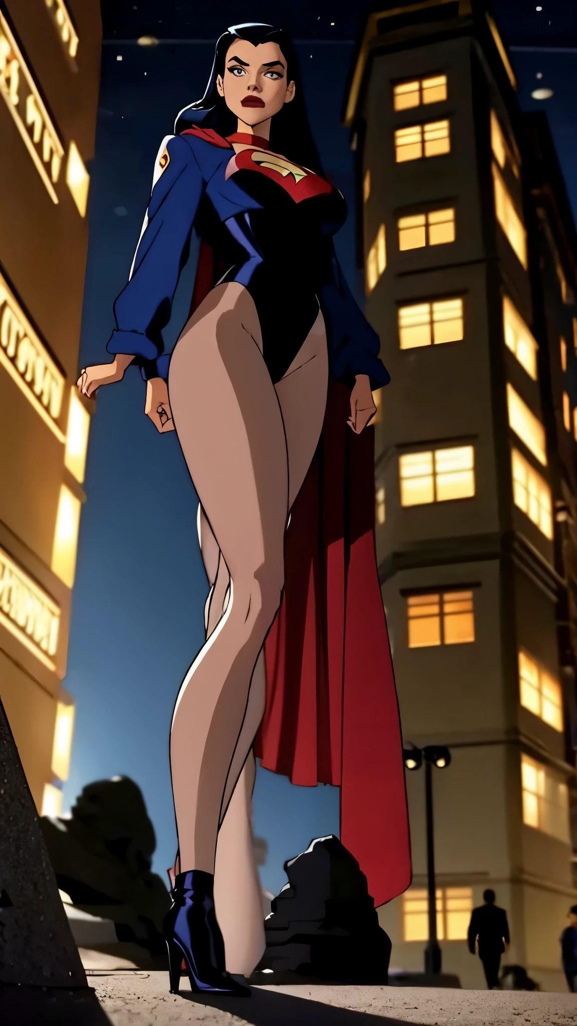 Mulher loira e bonita, Superman ao lado, forte, vestido, decote, cidade ao fundo,  noite