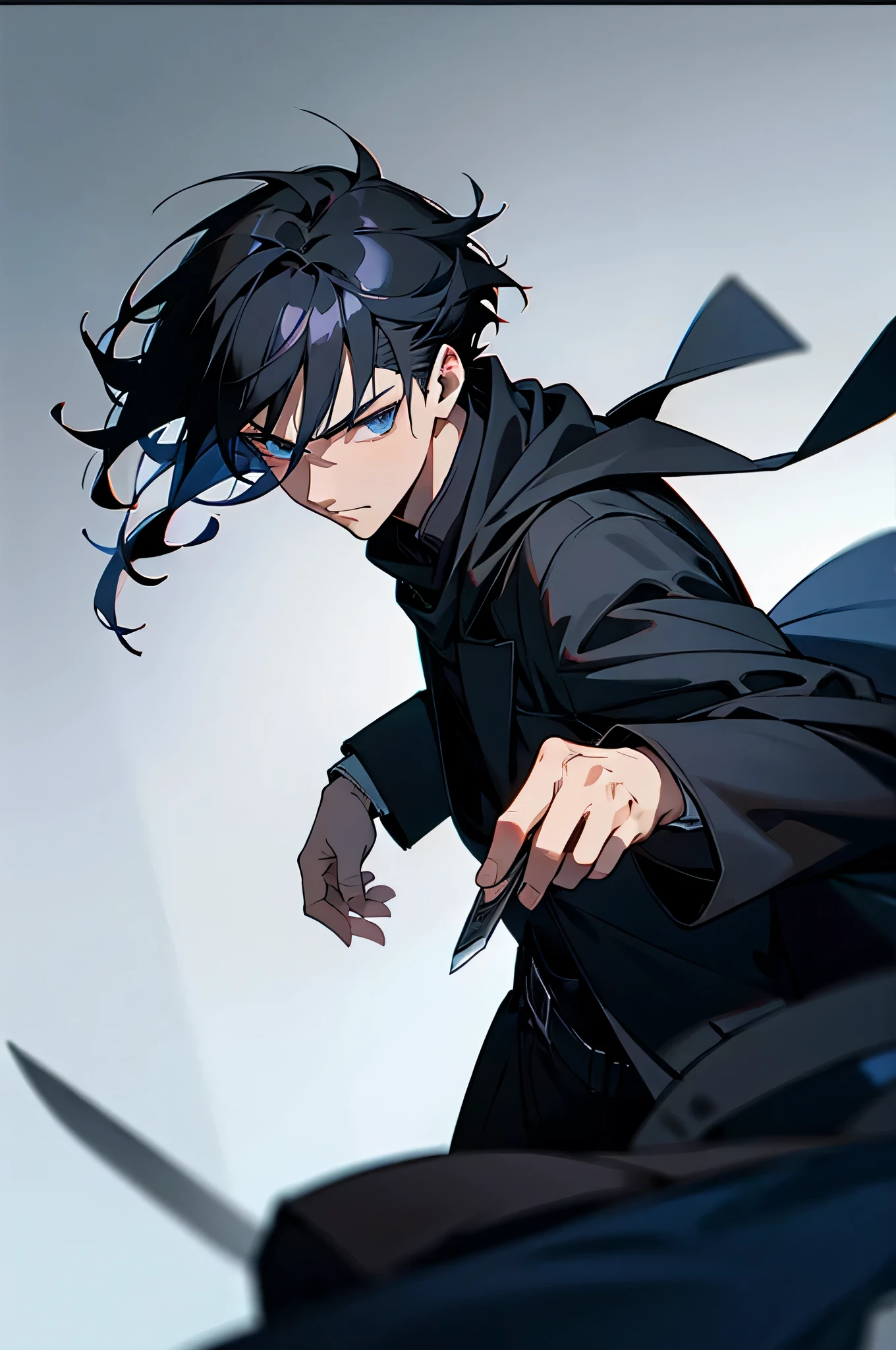 1 male, young adult, Black Hair, Black suit, Assassin Cloak, Dark Blue Eyes, Knife , dark alley background.