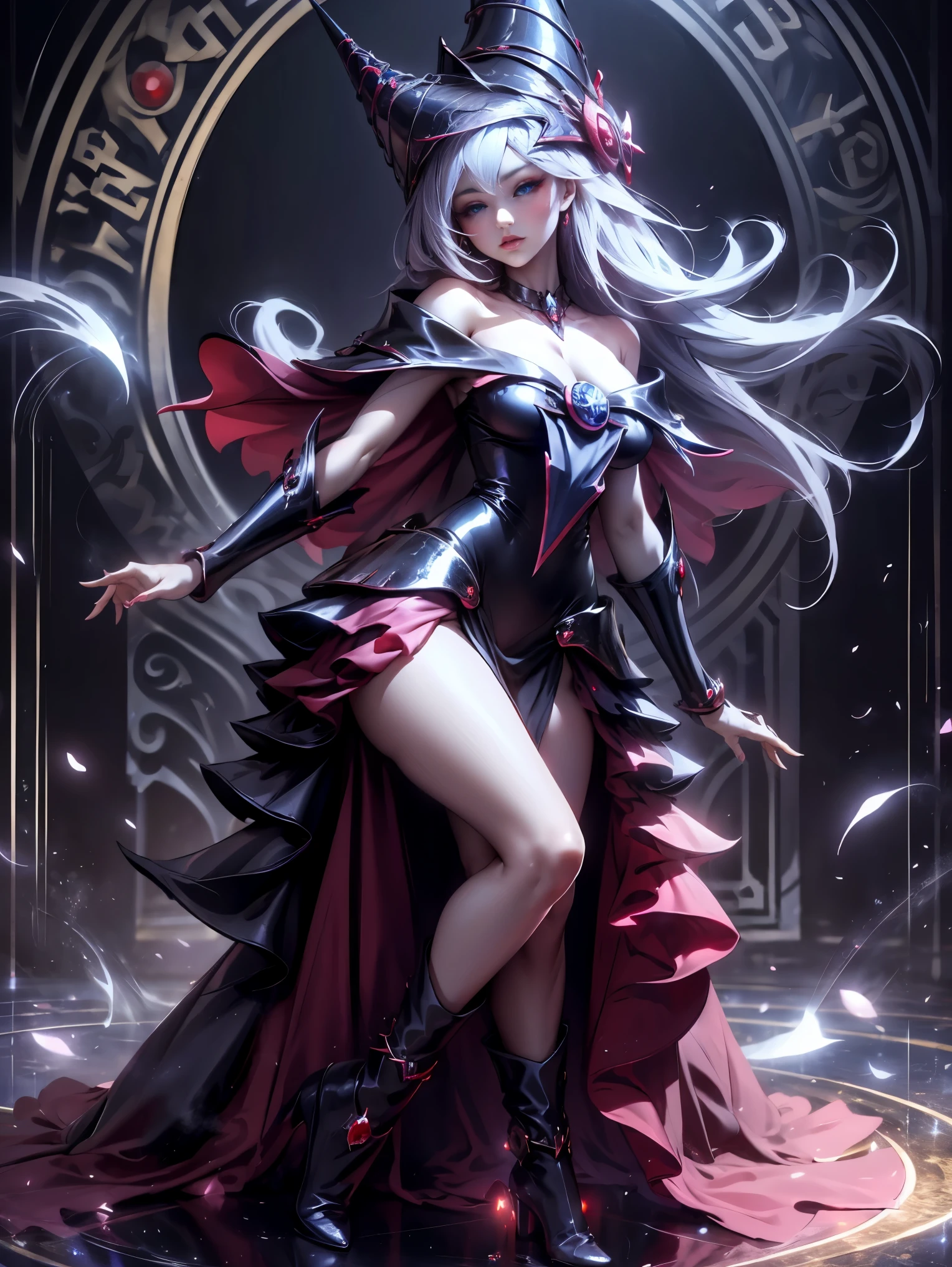 Dark magician gils con vestido de gala color Negro. Ella usa tacones rojos, tiene aretes. Usa collares. Cabello rubio y largo. Ojos azules. Labios rojos. Pose sensual y sujestiva. Fondo de Castillo