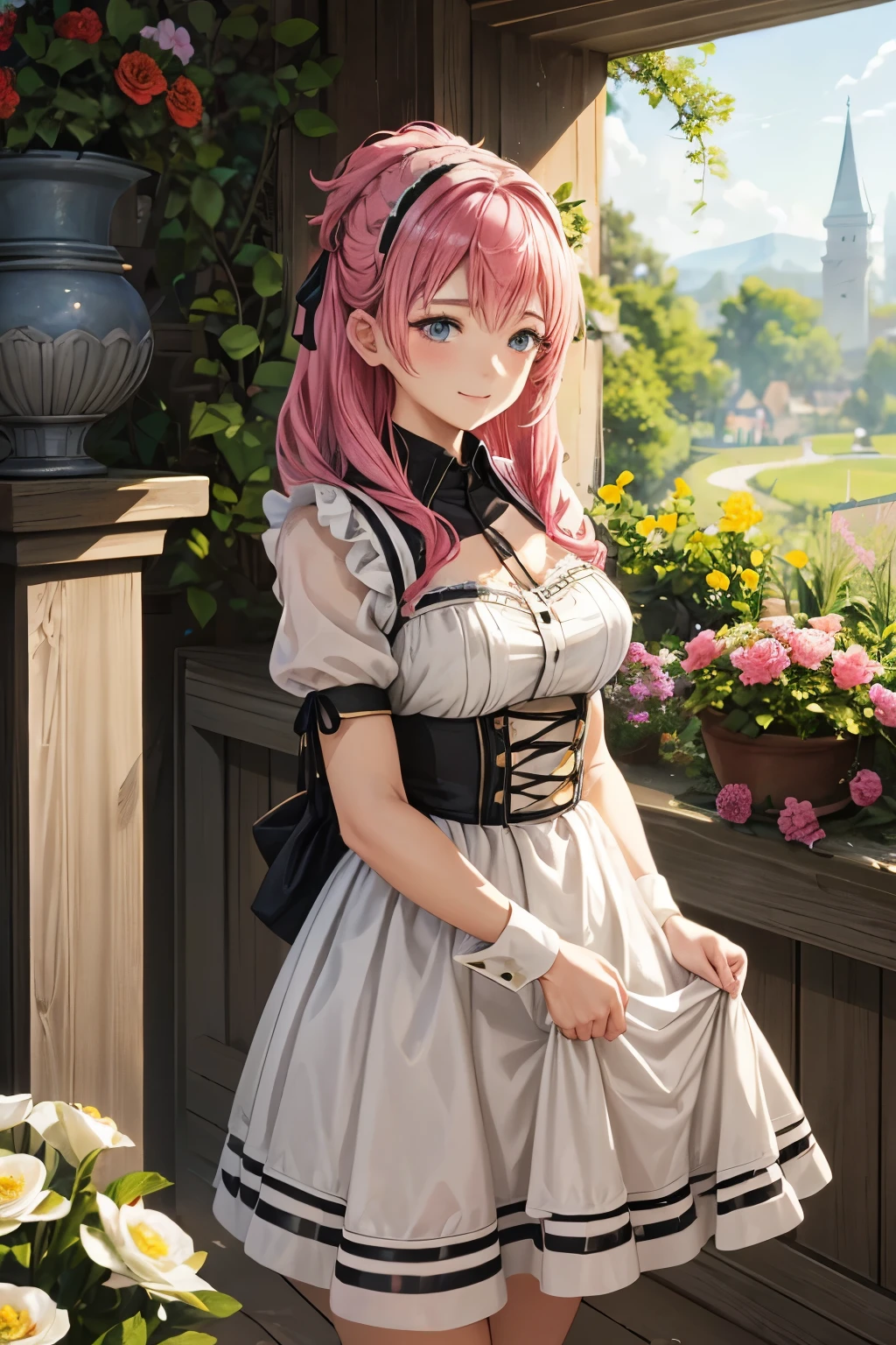 A girl in a maid costume, gracefully lifting her skirt without showing anything provocative, showcasing the detailed lace trimmings and delicate embroidery on the hemline. The scene is set in a well-kept garden, with vibrant flowers in full bloom and manicured hedges forming a picturesque backdrop. The girl's eyes express an innocent curiosity, while her rosy lips wear a subtle smile. The artwork is created using a combination of traditional painting techniques and digital rendering, resulting in a medium that seamlessly merges classic charm and modern aesthetics. The image quality is of the highest standards, featuring ultra-detailed elements that showcase the intricate patterns on the maid costume and the minute textures of the flowers. The color palette exudes a soft and harmonious ambiance, with pastel hues and gentle gradients. The lighting emphasizes the girl's beauty, casting a soft glow that accentuates her features and creates an ethereal atmosphere.