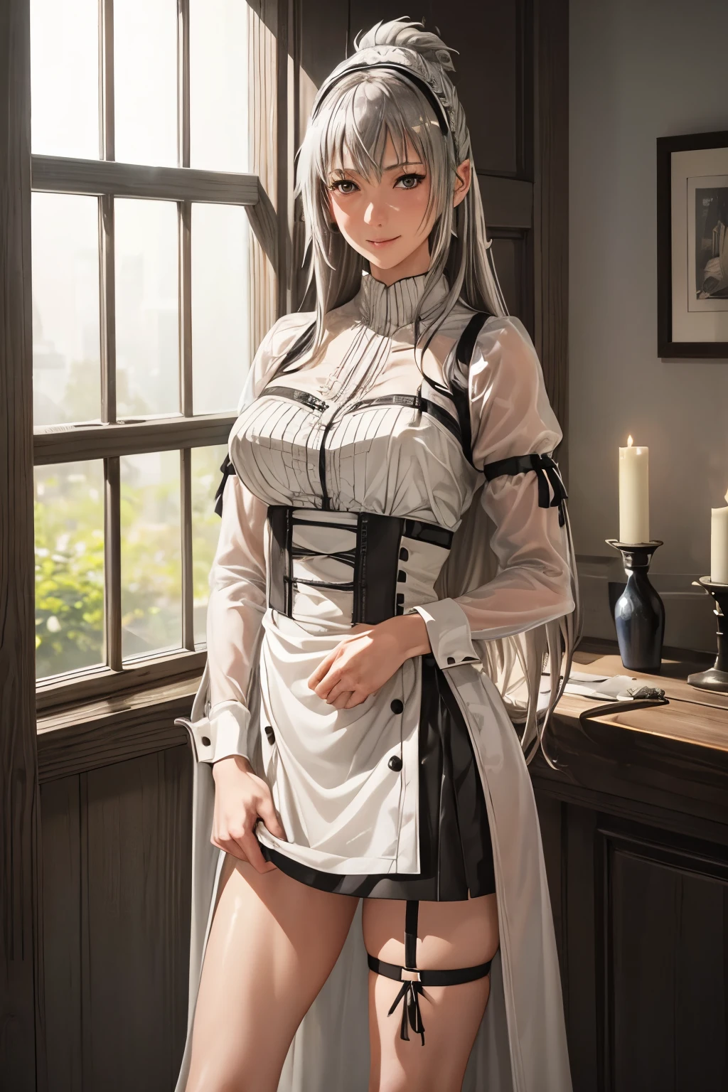 (best quality,realistic:1.37),lacy grey blouse with buttons undone,sliver long hair,non skirt,maid outfit,full-length view,slightly exposed legs,long beautiful legs,hand the brush hair, nude below the waist,sexy(lilia greyrat),translucent fabric, teasing smile,soft lighting