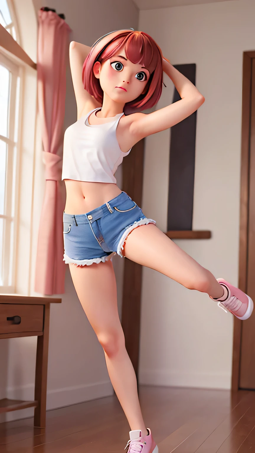 (masterpiece, best quality:1.2), 1girl, solo,standing_split, short hair, White sleeveless tank top，pink denim shorts,