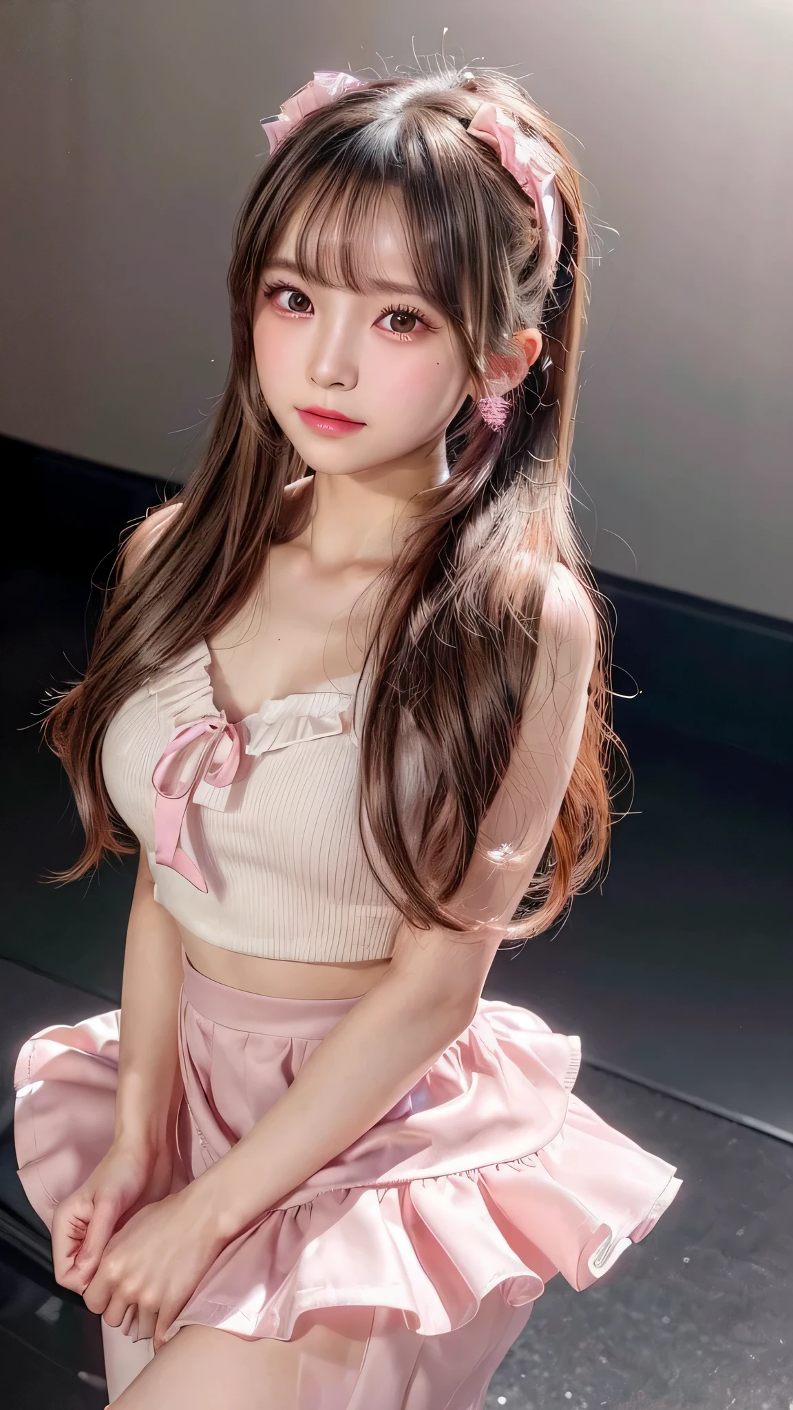 blush,small breasts,,long hair ponytail,singing on stage,close up of face,((8K, Raw photo, best quality, muste piece:1.2), (Reality, photorealistic:1.4), (Highly detailed 8K wallpaper), Depth of the bounds written, cinematic lighting, soft light, detailed beauty eye,Shiny and smooth light brown ponytail, asymmetrical bangs, shiny skin, super detailed skin ,high resolution, high detail, detailed hairstyle, detailed beauty face, hyper real, perfect limbs, perfect anatomy ,1 Japanese girl,famous japanese idol, perfect female body,shy smile,short eyelashes,double-edged eyelids,look straight here,Hair style is ponytail、Pink colored long dress with lots of ruffles, softly shaped skirt, standing on stage,pink ribbon on head,She wears a long skirt with lots of frills.,Neat clothes