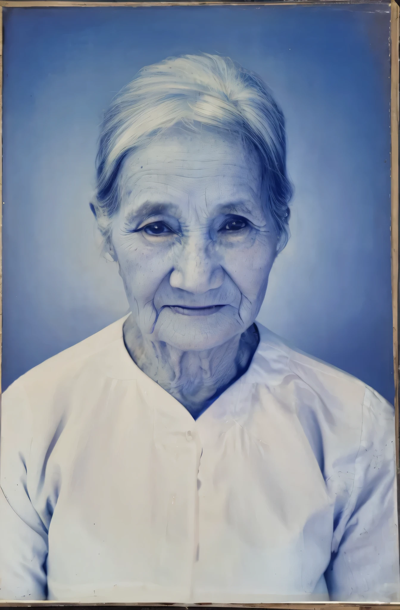 arafed photo of a woman with a white shirt and a blue background, portrait of a old, portrait of an old, old woman, portrait of a old woman, photo of a woman, an old lady, potrait, old lady, 7 0 years old, 70 years old, close up potrait, portrait 6 0 - year - old woman