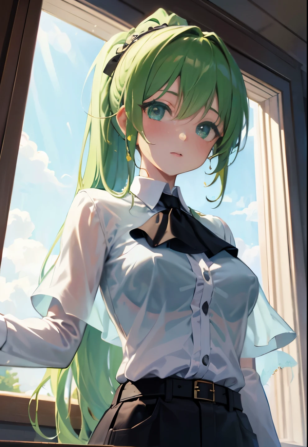 (best quality, masterpiece, high resolution:1.1),, Use natural light and color,hyper detail,high detailed anime, cinematic light, 1girl,Forehead, embarrassing ,blush, long green hair, ponytail, medium chest, chest belt,lace, in changing room, erect nipples , upper body,(transparent shirt:1.4), , against light from window, large window,silhouette of body, arms on table, from below diagonal