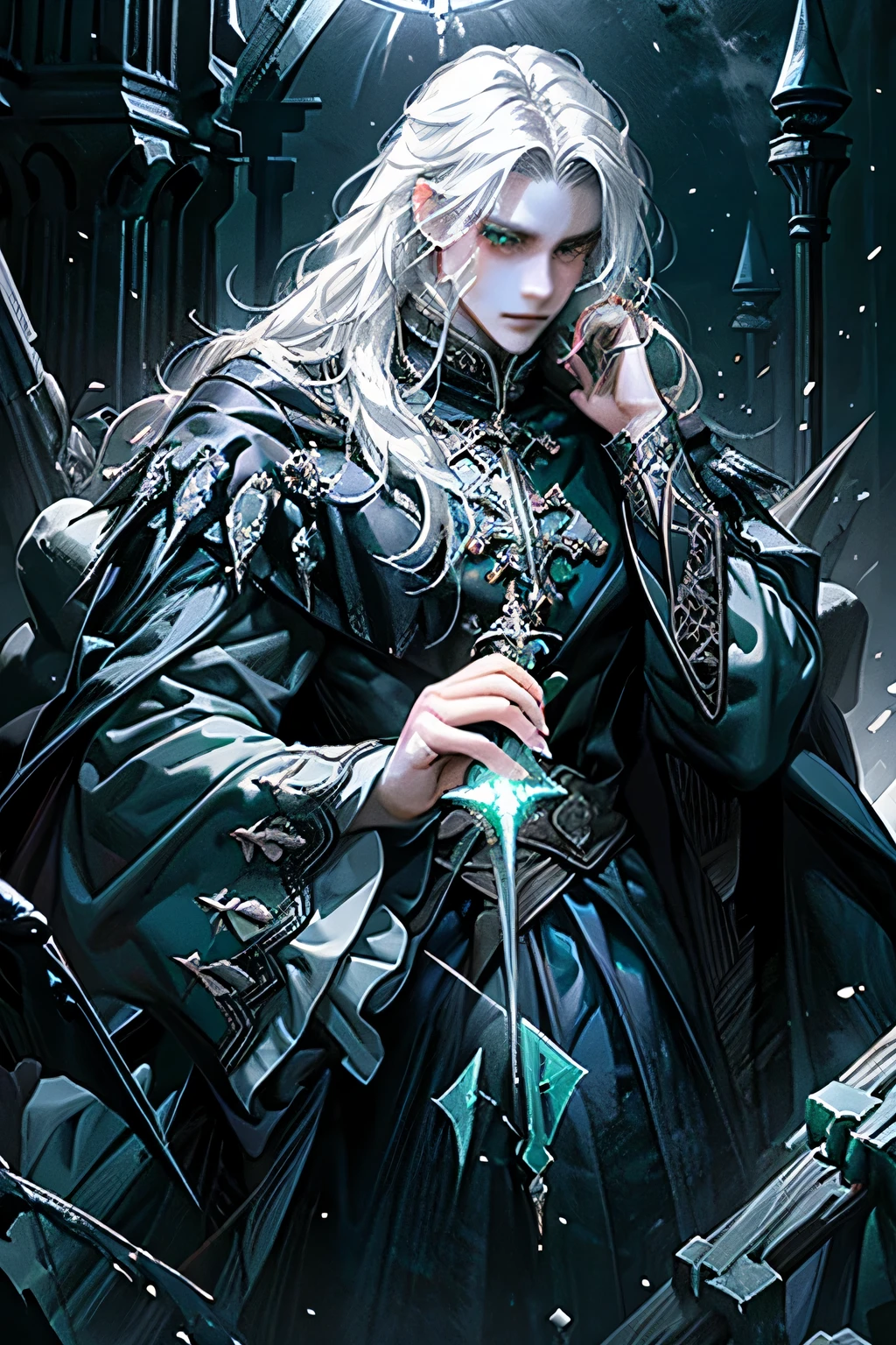 Masterpiece, Top Quality, 4K, 8K, 1 person, male, dark wizard, majestic, dark castle backgroung, messy hair, curly hair, long white hair, floating, gothic, dark indigo, magic in hand, emerald nightglow