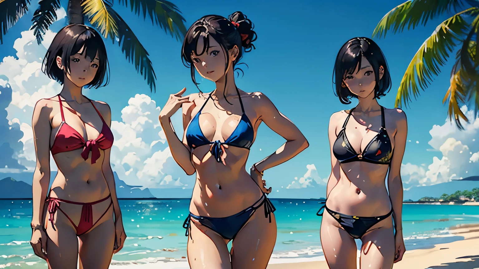 ((highest quality, masterpiece, High resolution))、((anime art))、beautiful japanese woman、((three women))、(The three of us are good friends)、23 years old、cute face、medium short hair、semi-long、bun hair、 ((Detailed depiction of a beautiful face))、smile gently、young、bikini swimwear、one piece swimsuit、 small breasts、slim body shape、photorealistic perfect body、(A pareo made of primary colors is tied around the waist.)、realistic skin、Wet、whole body、cinematic light、particles of light、tropical、Against the background of palm trees、on a sunny beach、With the sea in the background、blur background、