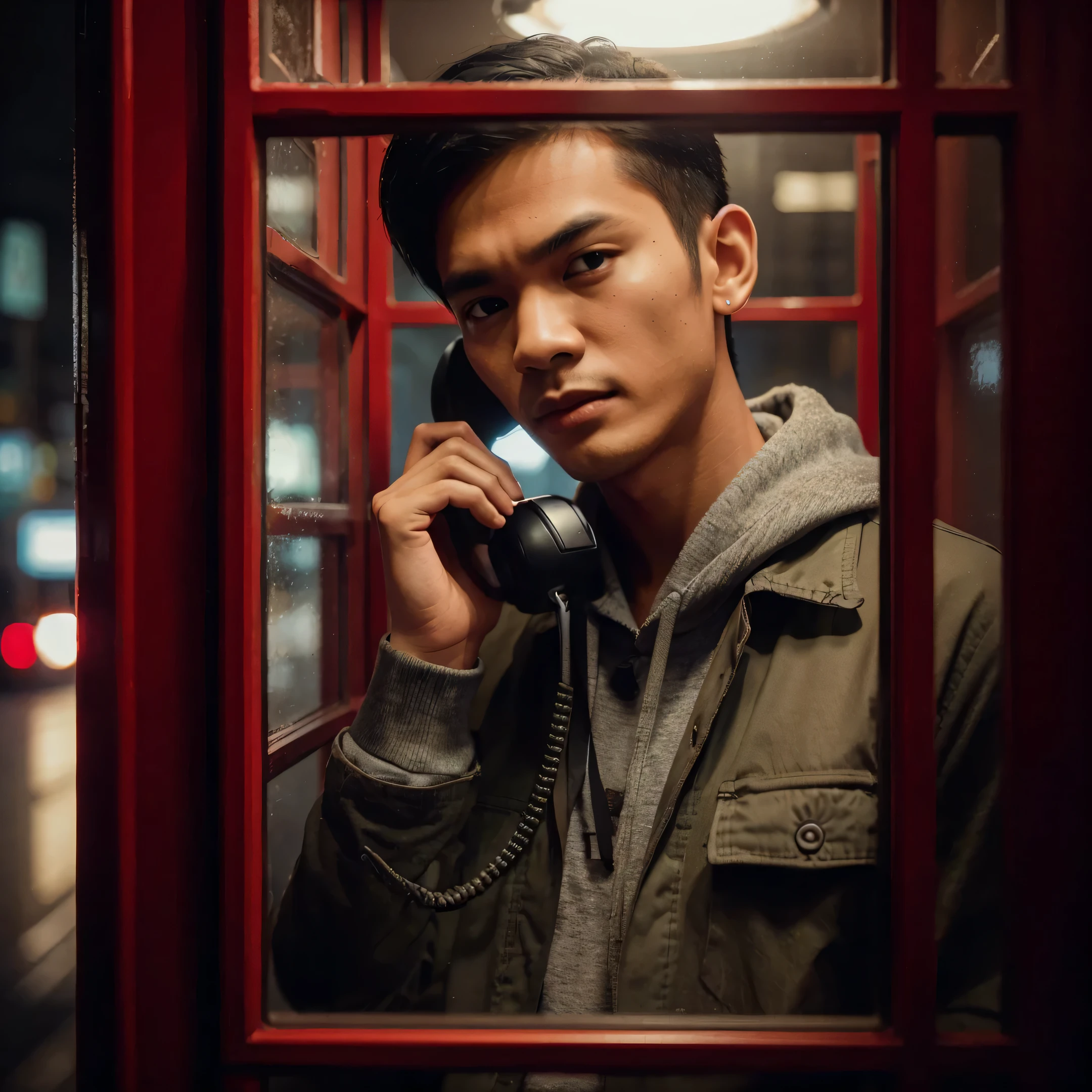 create an image, full body, a Indonesian man with short side parted hair wearing casual clothes,black jeans,sneakers shoes,standing Stiffly behind the glass door of a red telephone box, daydreaming with the telephone receiver to his ear, dark background with soft light bias from the side, best angel, dark night atmosphere, cinematic images, profesional photo shoots, promotional images, face looking at the camera