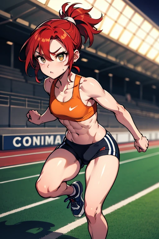 masterpiece、8K、beautiful girl,Athletics stadium at night、sunny,track and field athlete,running in a hurry,Clearly depict the contours of the face,Clearly depicts eye color,Describe the whole body,beautiful posture,red hair、Sweat、oily skin、ponytail、fine skin、abs、Both hands clenched into fists、left foot in front of body、right foot behind body、Right arm in front of the body、left arm behind body、running shoes、Chest is small、Both arms are bent