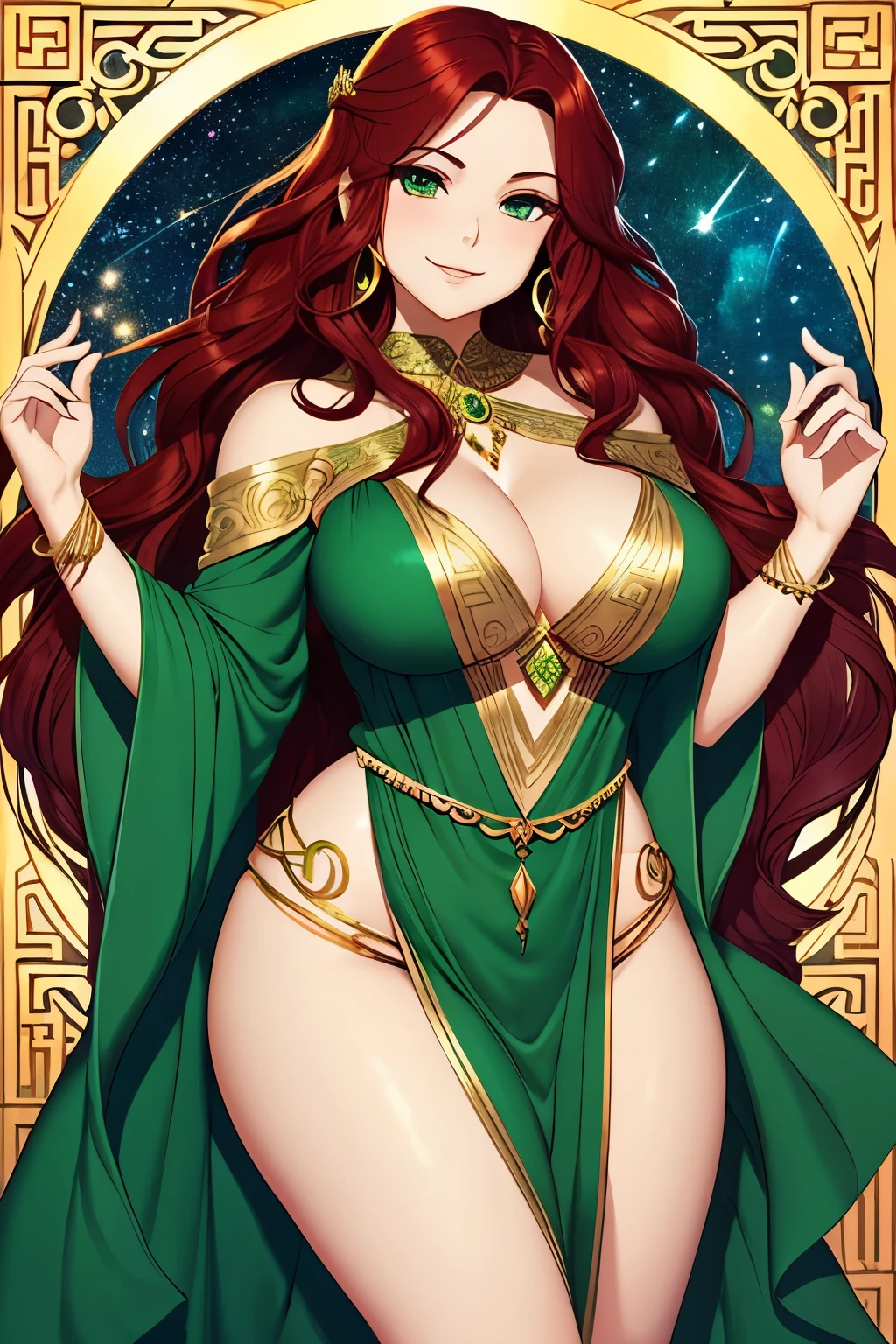 woman, very curvy, ivory skin, hair is red, hair is long and wavy, eyes green, wears dark green Grecian robes with thigh windows, long flowing sleeves with shoulder windows, lots of very decorative jewelry, smirking expression, starry sky background