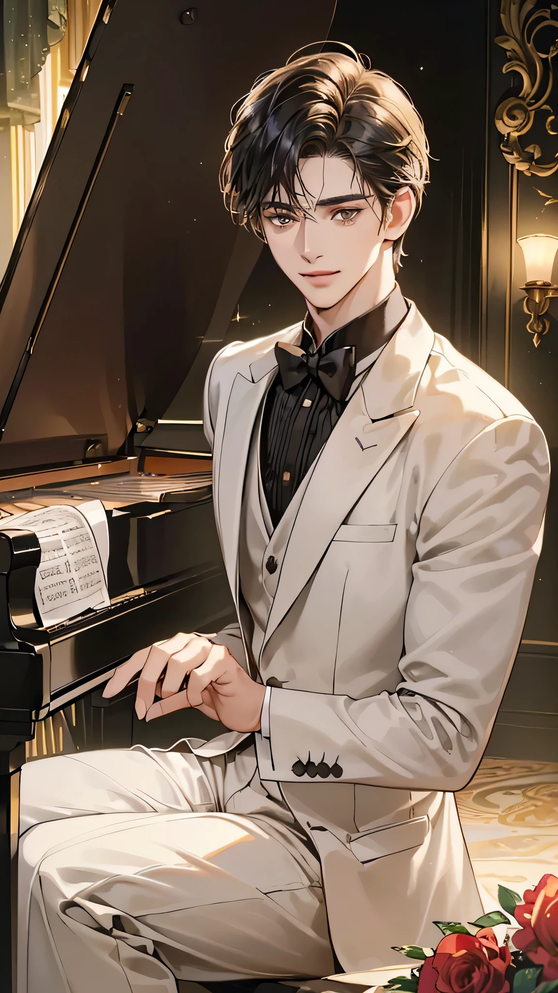 in the super-detailed, high-quality ((realismo:1.37}), ((realismo:1.37}), ((realismo:1.37}:1.1)) image. Your charming smile shines brightly, adding to the romantic ambiance ((envolvido en luz apagada)) as you immerse yourself in the Chopin solo concert. The soft lighting enhances the depth and emotion of the music, casting warm tones on your tuxedo and bringing out the intricate details of the piano keys. Your handsome young features are illuminated by the bright colors, each detail visible in the masterpiece that unfolds before us. The warm, inviting mood captiv