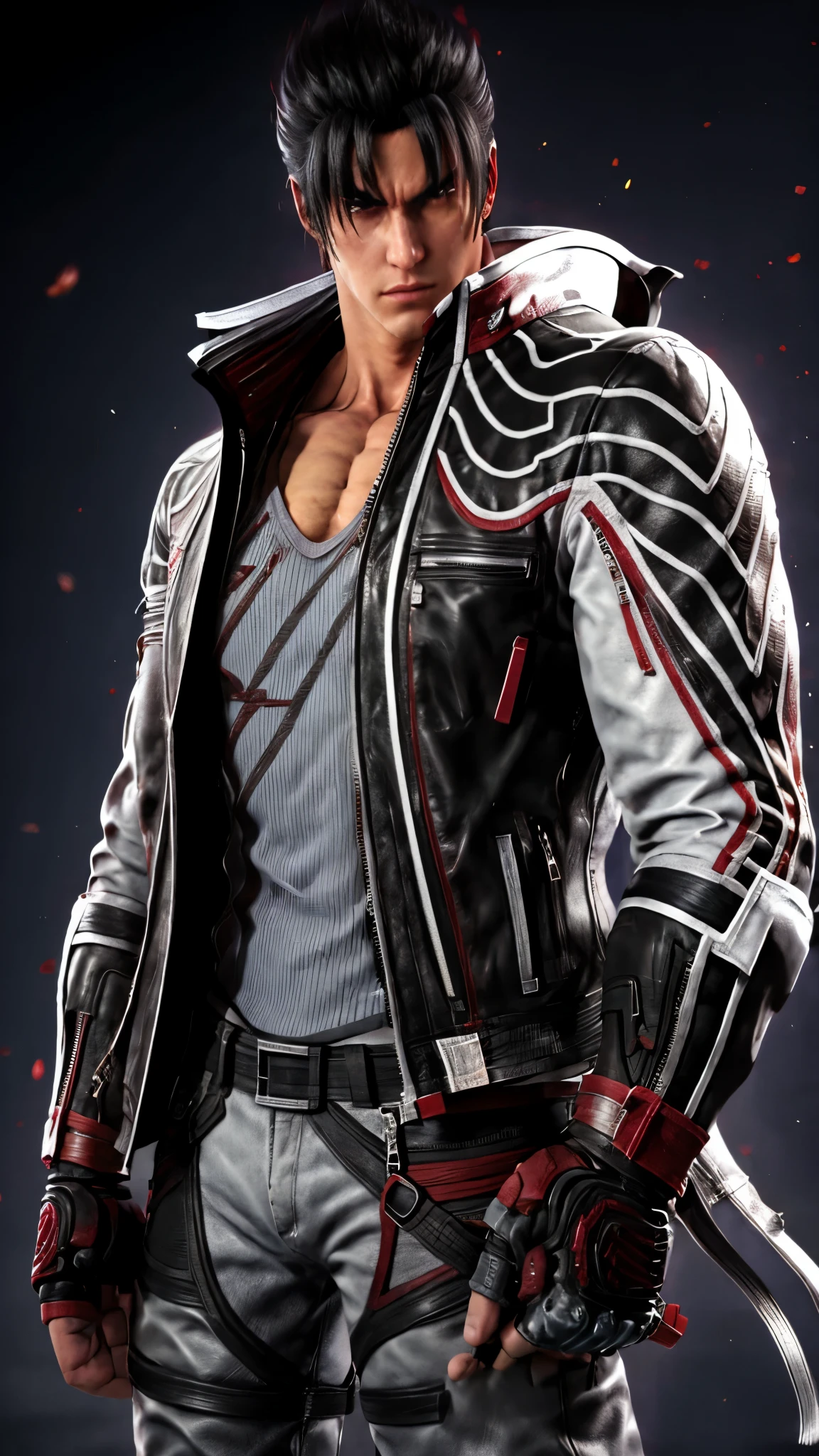 male focus, jin kazama, jacket, zipper, fighting stance, pants, fingerless gloves, shirt, boots, upper body masterpiece, best quality, absurdres,
