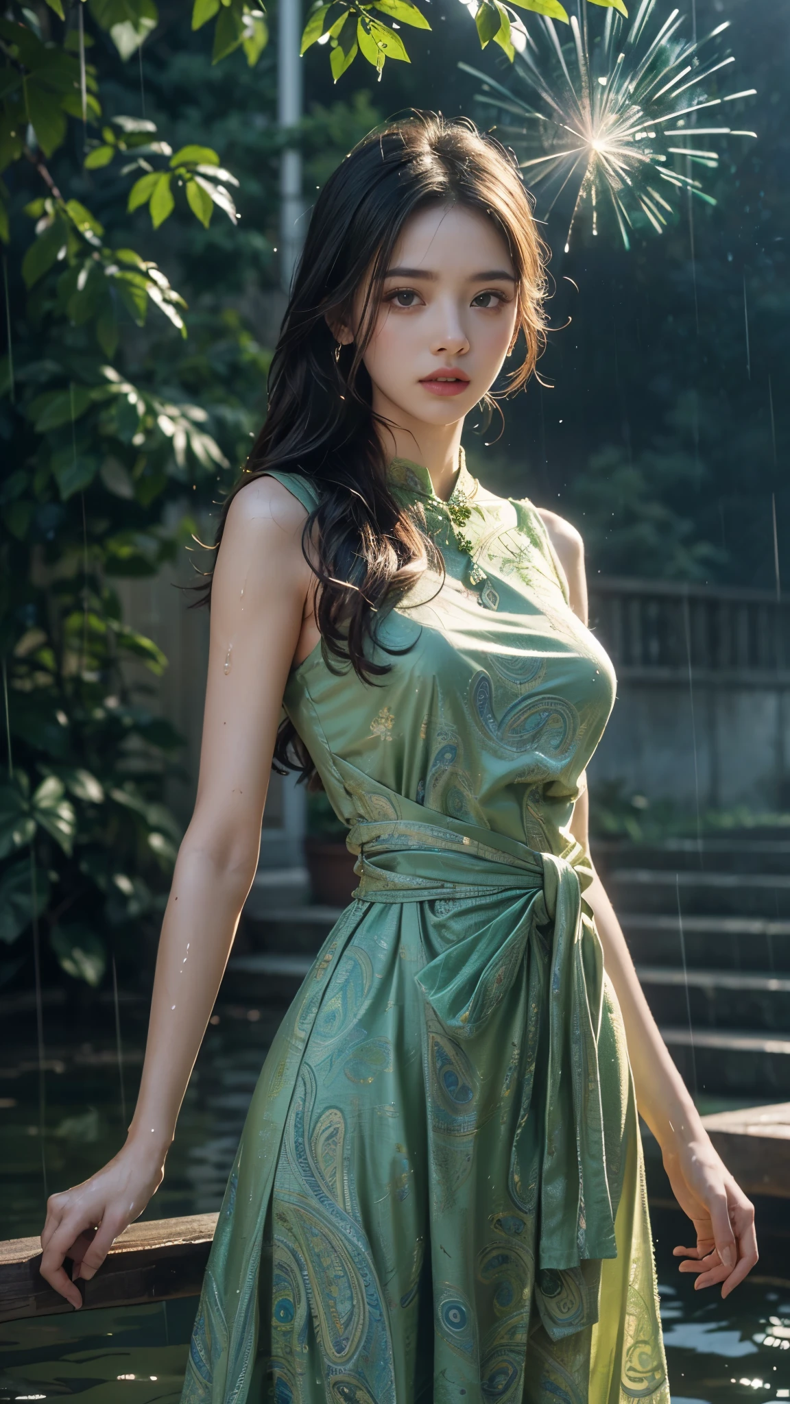 4k, ultra hd, masterpiece, 1 girl, serious face, detailed eyes, very long hair, (flare dress:1.5), (green flare dress:1.5), (paisley print:1.3), (jwellery:1.5), (bere waist:1.5), in the garden, cherry blossom, (rain:1.5), (water:1.5), sitting,