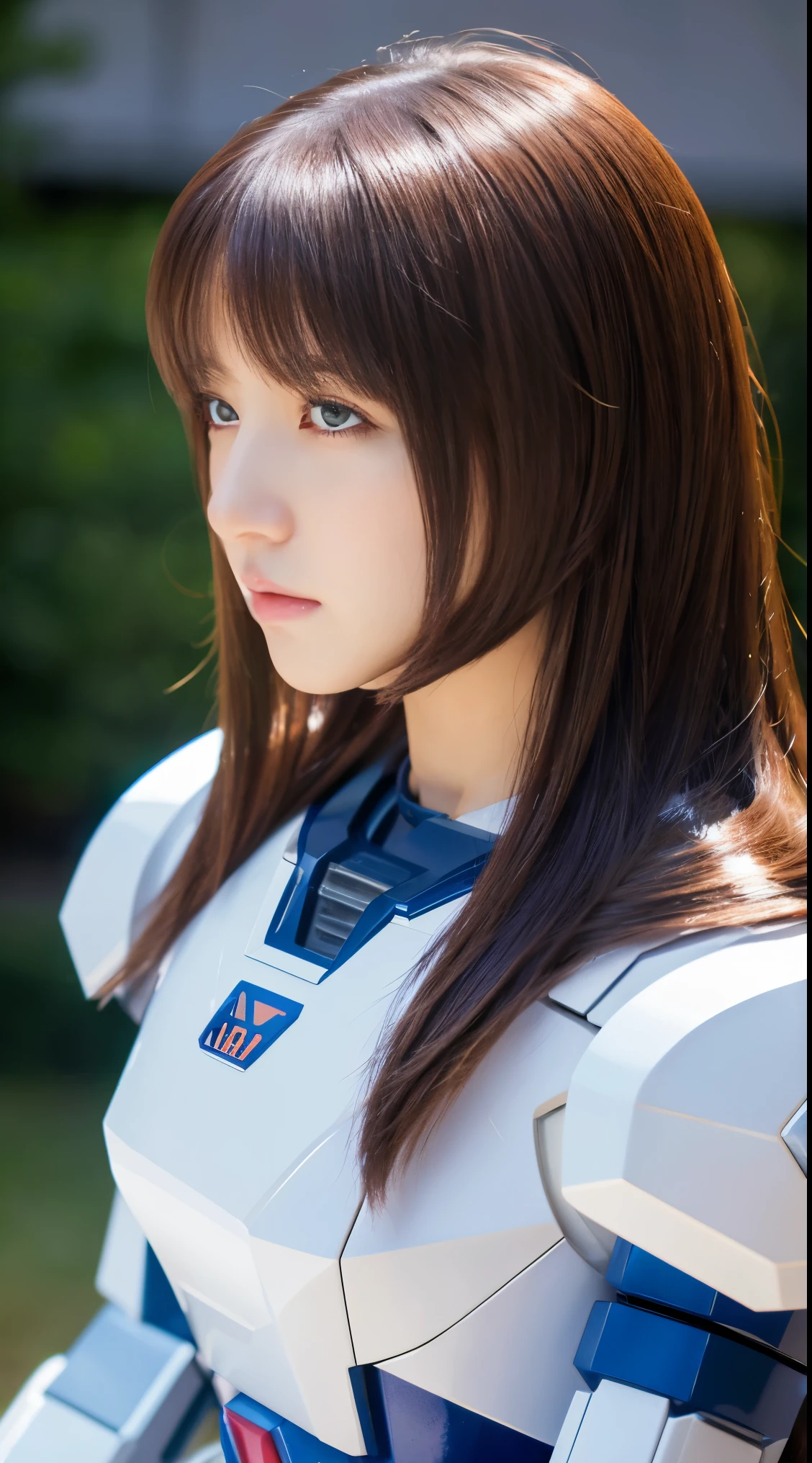 RAW, Masterpiece, Ultra Fine Photo,, Best Quality, Ultra High Resolution, Photorealistic, Sunlight, Full Body Portrait, Stunningly Beautiful,, Dynamic Poses, Delicate Face, Vibrant Eyes, (Side View) a close up of a woman in a pink and white gundam custume, dybamic pose, long brown very very very long long hair rapunzel, girl in mecha cyber armor, portrait armored astronaut girl, d. va from overwatch, female mecha, on a gundam, gundam head, chiho aoshima color scheme, mobile suit, streamlined purple armor, fully robotic!! girl, realistic cosplay, gundam armor (dynamic pose) (best cameraview), full body, sit down