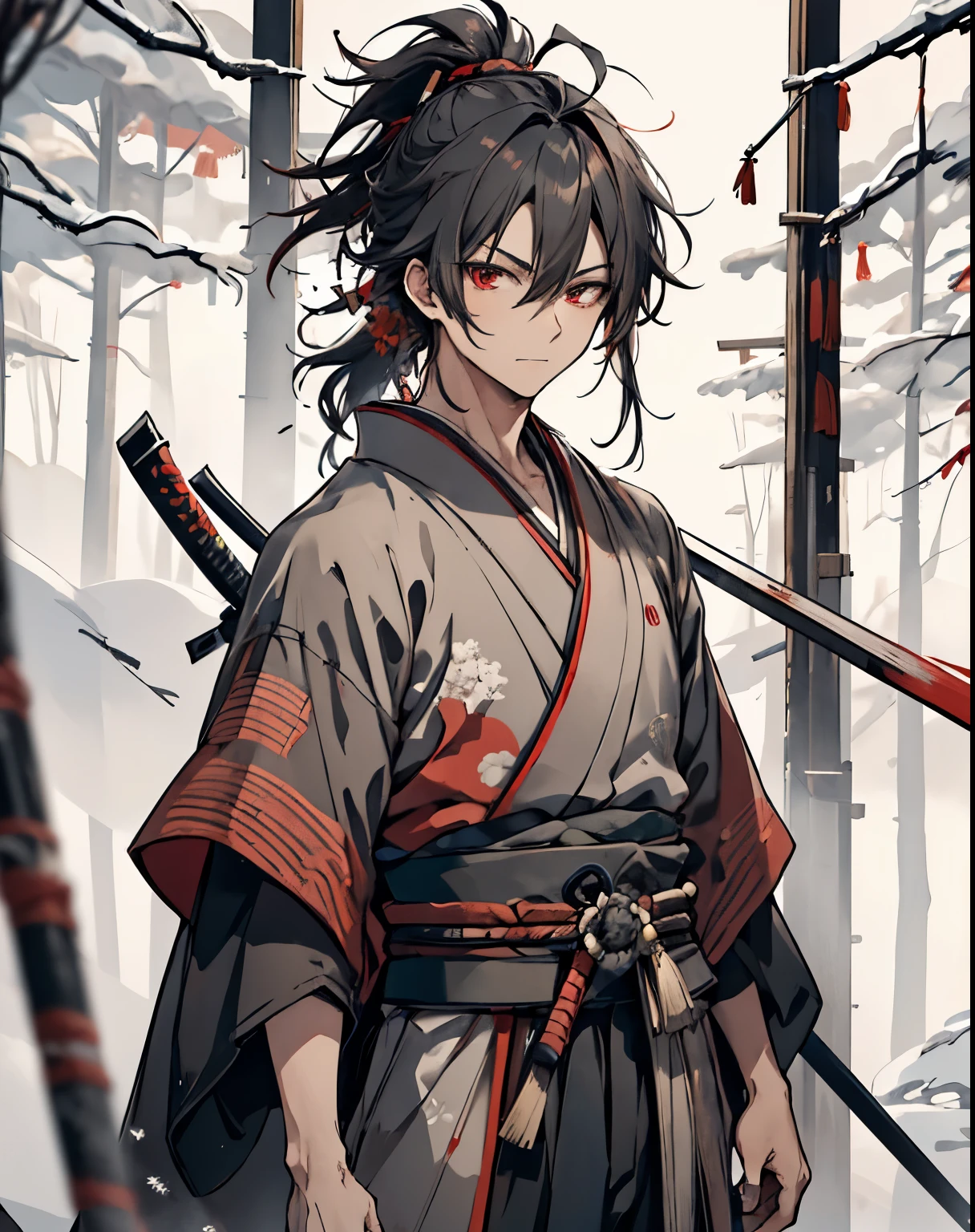 masterpiece, 1men, sparrow, a black haired men, wearing red samurai kimono, curly medium hair, messy hair, slim body, wearing haori, he close her left eye, shirt ornament, serious expression, red eyes, stand at snowy forest, ahoge, grey haori, beautiful eyes, samurai, low ponytail