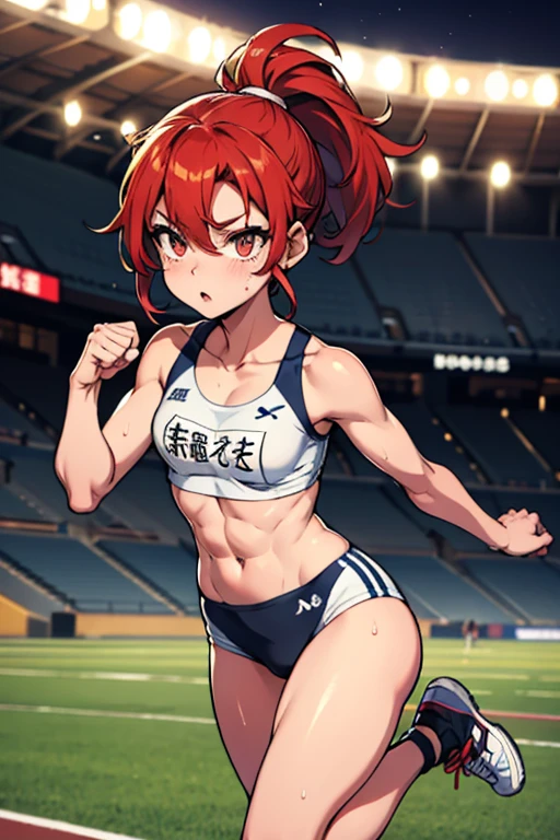 masterpiece、8K、beautiful girl,Athletics stadium at night、sunny,track and field athlete,running in a hurry,Clearly depict the contours of the face,Clearly depict the contours and colors of the eyes,Describe the whole body,beautiful posture,red hair、Sweat、oily skin、ponytail、fine skin、abs、Both hands clenched into fists、left foot in front of body、right foot behind body、Right arm in front of the body、left arm behind body、running shoes、Chest is small、Both arms bent at right angles