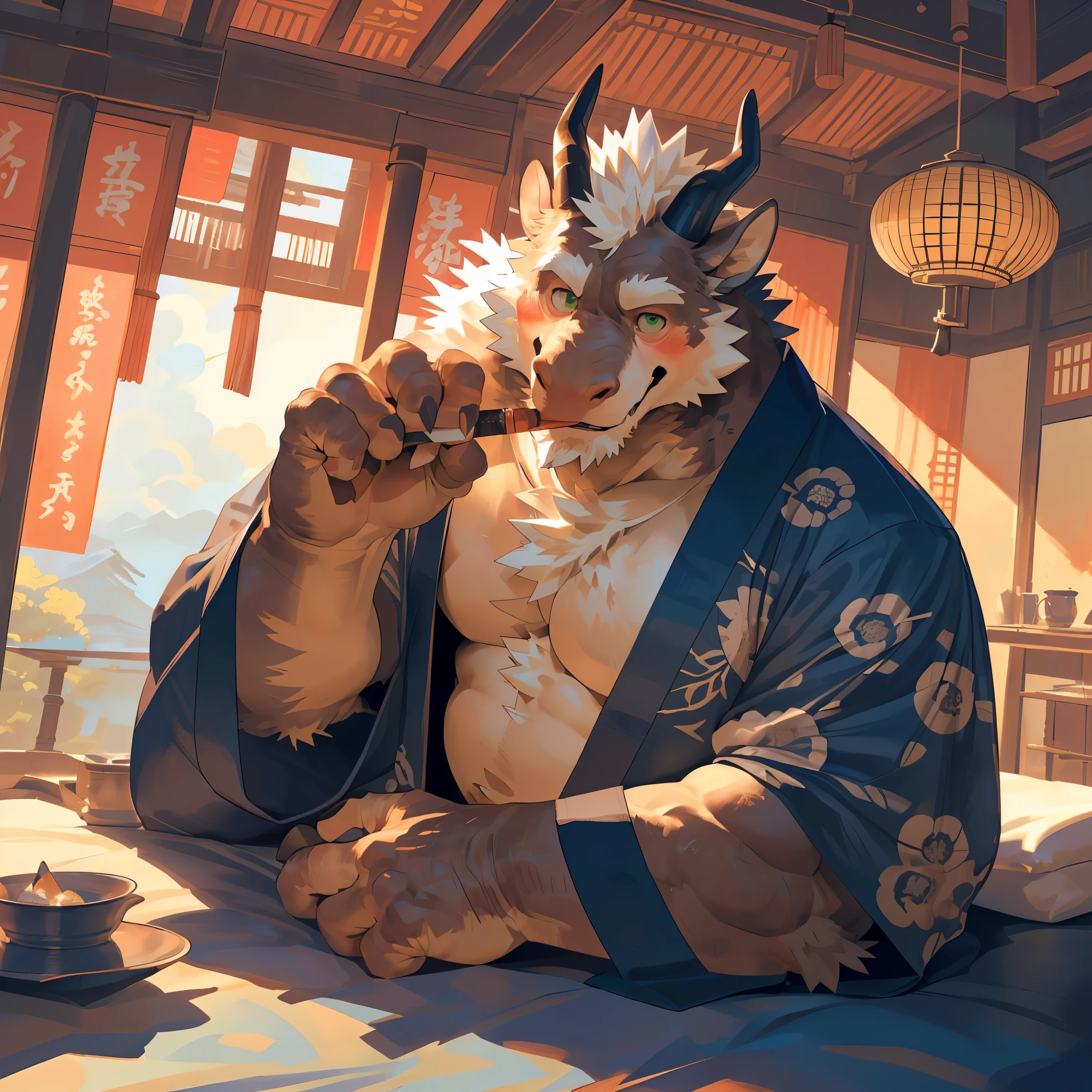 (masterpiece, anatomically correct),(((bara, hard gay, super muscular male, large pectorals, full body))),((solo, aged up, old anthro furred dragon with beefy figure, fluffy body, daddy, small tummy, large pectorals, sexy)),((lying on bed, close-up)),(by darkgem, by sindenbock, by taran fiddler, by burnbuckie, by nezumi, by sindoll),((ancient east Asian hotel room, indoor, gorgeous bedroom)),(Japanese clothes, kimono, cloud print, gorgeous, Luxury),(looking_at_viewer, eye-contact, stare) BREAK green eyes,(pipe, smoking),blush,smile,anime,drop shadow,backlighting,depth of field,chiaroscuropov,first-person view,Eye-Level Shot,best quality,high quality,8K,ccurate,award winning,highres,