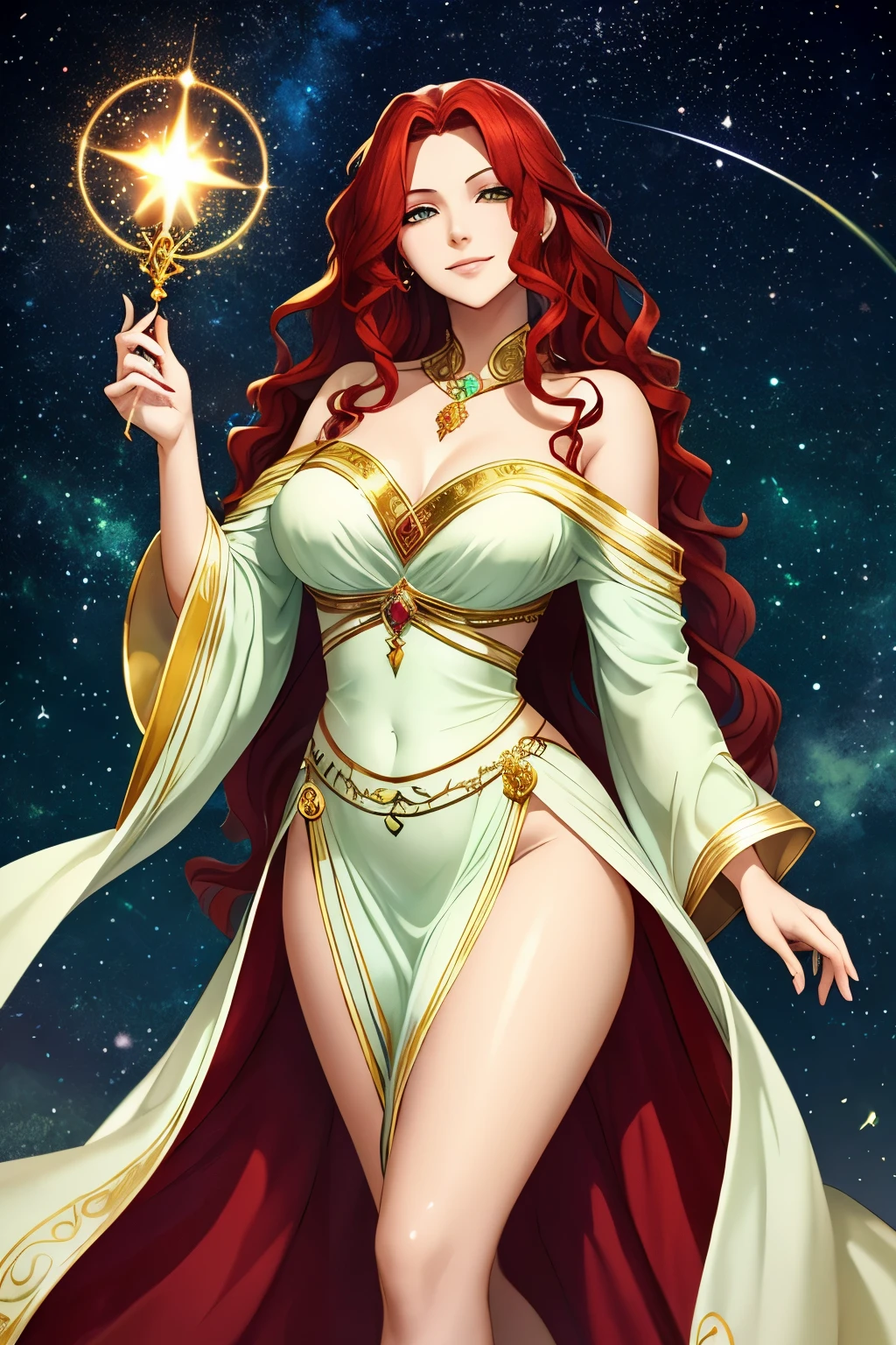 uma mulher de corpo inteiro, holding a glowing ball in your hands, Destaque no CGSetaltion, arte de fantasia, very long flowing red hair, segurando um escudo de pentagrama, Parece um pouco semelhante a Amy Adams, lightning mage spell icon, Necromante androide benevolente, Carta de Tarot da Alta Sacerdotisa, deusa anime, Retrato da Deusa Celta Diana, Destaque no ArtStattion