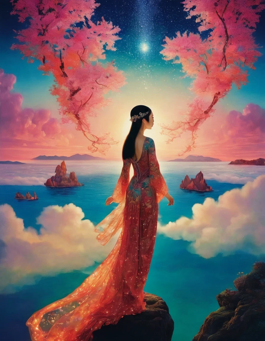 1Beautiful girl standing in the waves of Glowing text，Glowing text，Beautiful surreal,   magic, orientalisme, Illustrations by Kay Nielsen ，Ryan McGinley (Pipilotti Rist))