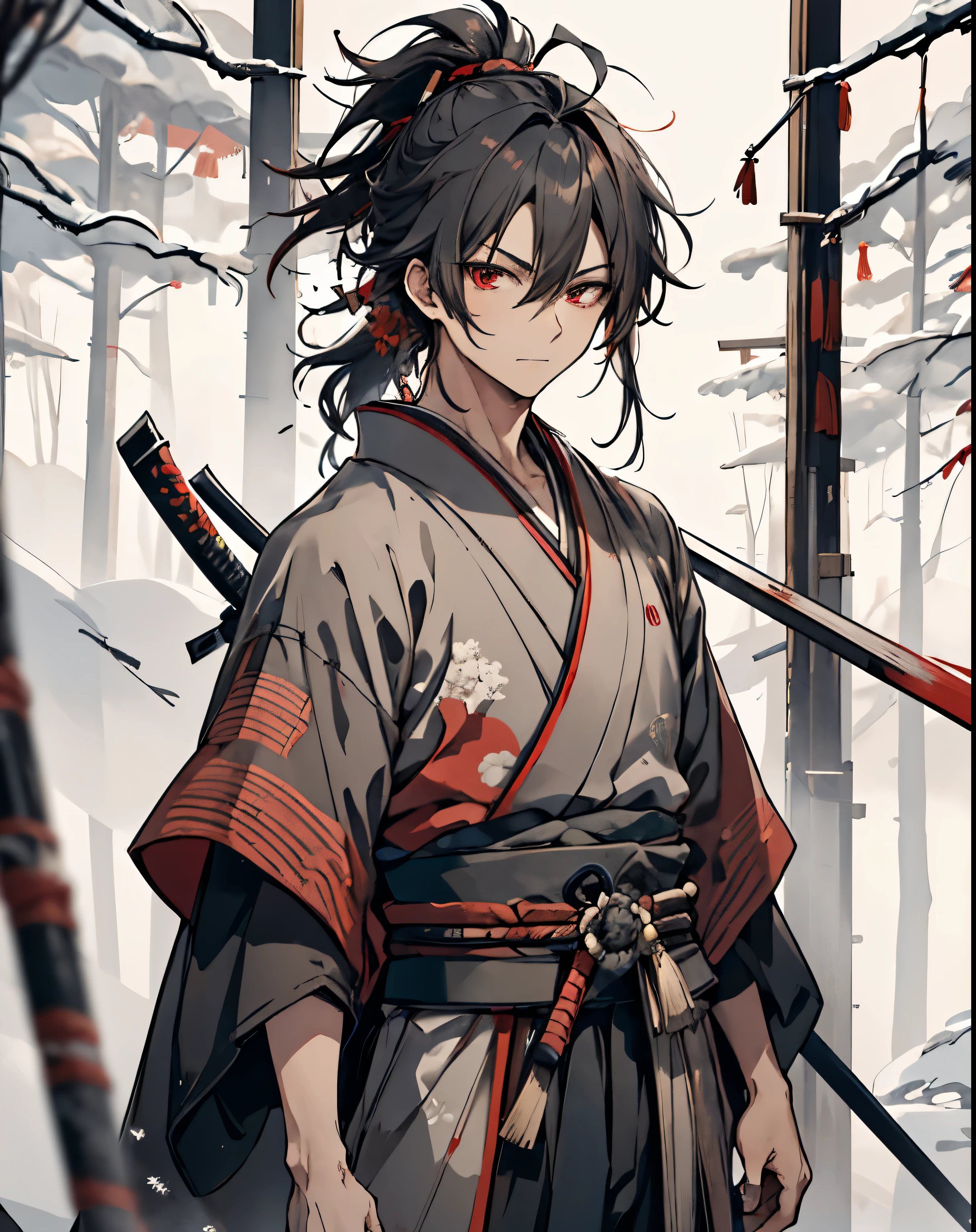 masterpiece, 1men, sparrow, a black haired men, wearing red samurai kimono, curly medium hair, messy hair, slim body, wearing haori, he close her left eye, shirt ornament, serious expression, red eyes, stand at snowy forest, ahoge, grey haori, beautiful eyes, samurai, low ponytail