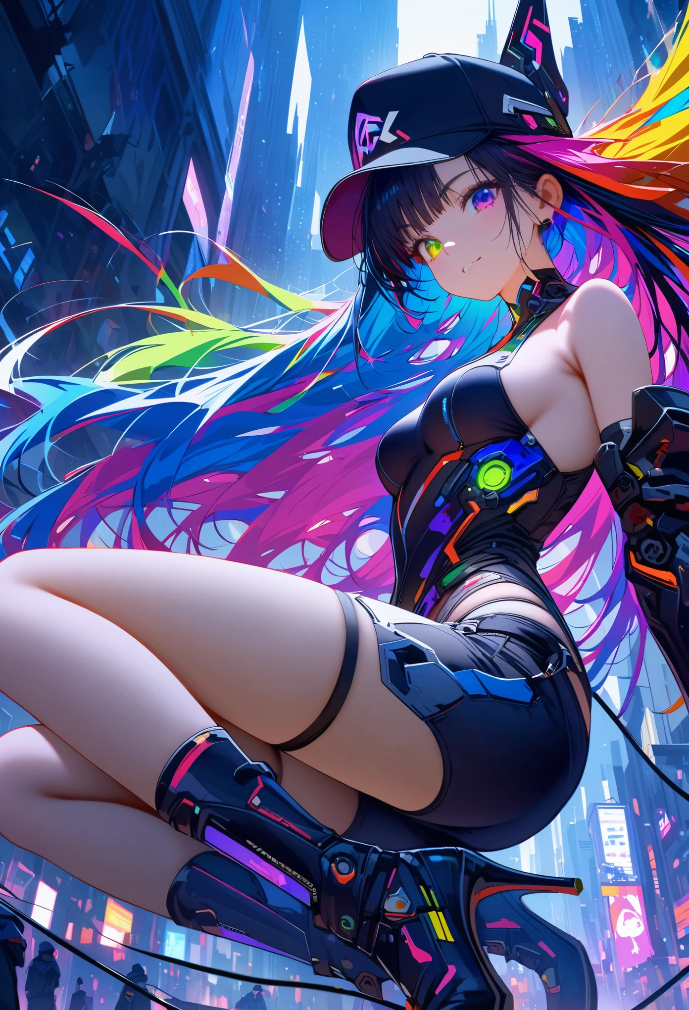 {{​Masterpiece,best work}}, top quality, Ultra-detailed CG Unity,8k wallpaper, lens flare, (Detailed beautiful eyes),particle,woman,Berry short hair,cool face,((Colorful mechanical hair)),rainbow eyes,heterochromia iridis,big deal,黑紫色body,Inorganic black headwear,(Perfect body),cyberpunk,Inorganic decoration,body,cable,low angle,Whole BodyEsbian,a sexy,high heels boots,night city,rain,Eyes looking down,perfect hands.
