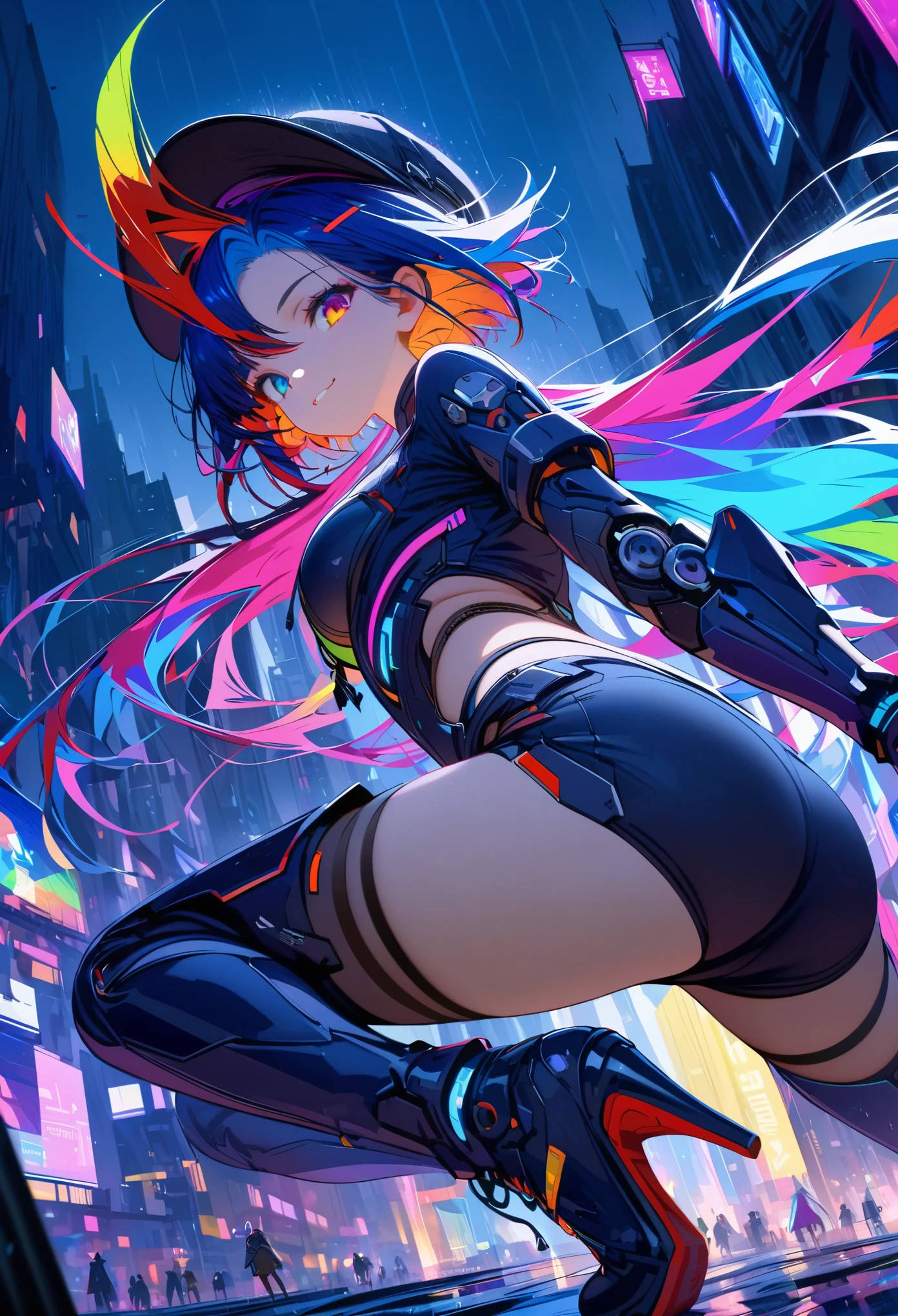 {{Masterpiece,best work}}, top quality, Ultra-detailed CG Unity,8k wallpaper, lens flare, (Detailed beautiful eyes),particle,Miss,Berry short hair,cool face,((Colorful mechanical wool)),rainbow eyes,heterochromia iridis,Big deal,黑紫色Body,Inorganic black headwear,(Perfect Body),cyberpunk,Inorganic decoration,Body,cable,low angle,Whole BodyEsbian,a sexy,high heels boots,night city,rain,Eyes looking down,perfect hands.