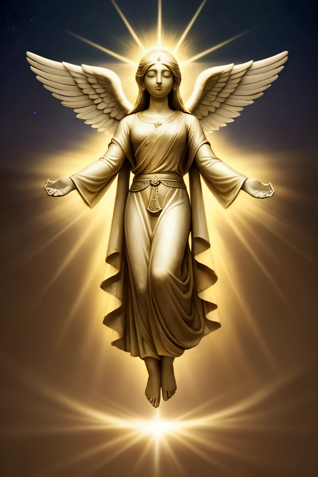 religious image angel descending from heaven with light in prayer on a meditation music background