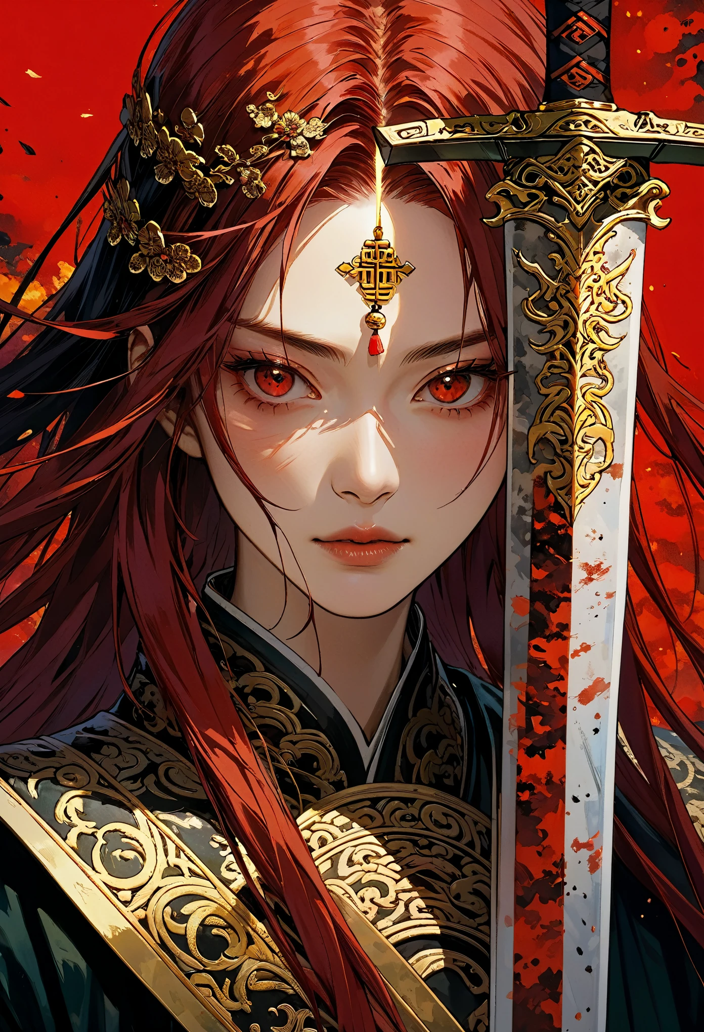 ((8K:1.4)), Impeccable, accuracy, (high resolution:1.2), (Very detailed), high quality, (masterpiece:1.8), ((Extreme close-up of huge sword blade)),(((Very detailed的中国少女面部特写肖像画))),The girl drew her sword,, (pain), (long unkempt red hair), (Red_sclera:1.2), (Blood all over the face:1.6)((anatomically accurate:1.6)), (((深Red宽大剑刃))),(Close-up of part of the broad sword blade),Covering half of the face,((Stand vertically at 90 degrees to cover half of the face:5.0)),The blade and the face each occupy half of the frame,Red and black blood splatter background,Red-eyed,Red Chinese costume,gold embroidery,