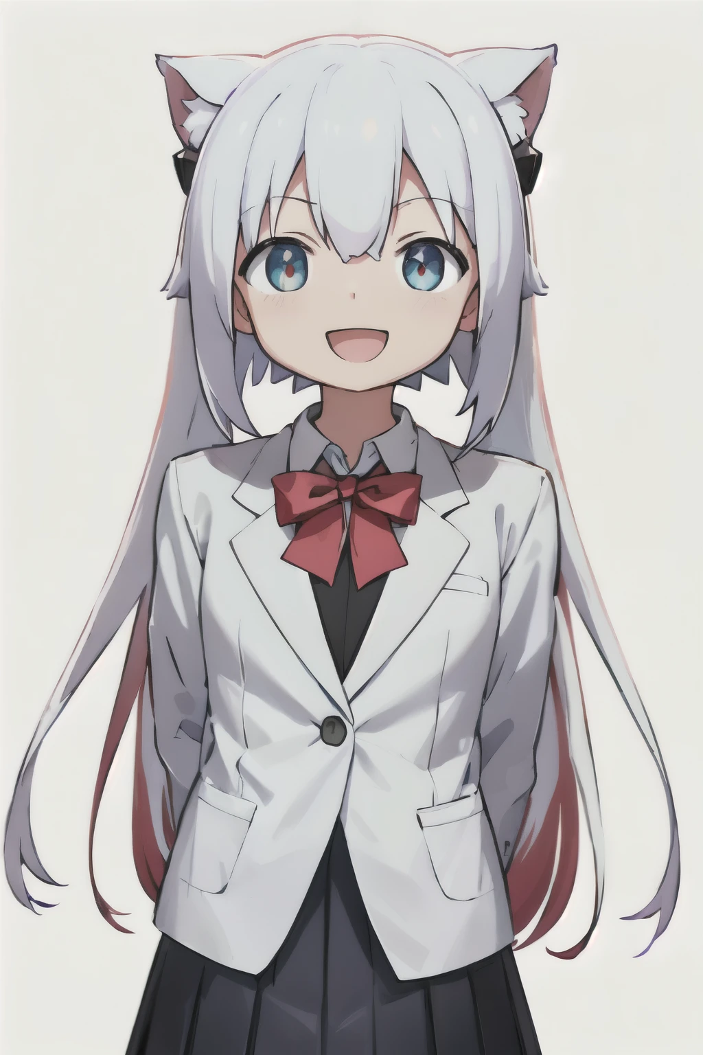 white background、Solid white background、blank background、arms behind back、hide your hands、beautiful detailed eyes、red eyes、White hair x red eyes、White hair, red eyes、redhead inside、「tsurime」「slant eyes」Upper body photographed from the front,(high quality, Breathtaking),(delicate eyes, perfect face)solo,Era: late 20s, open your mouth without showing your teeth、Smile with mouth wide open、open your mouth wide、long hair, white hair, white long sleeve blazer clothes,white pleated skirt、