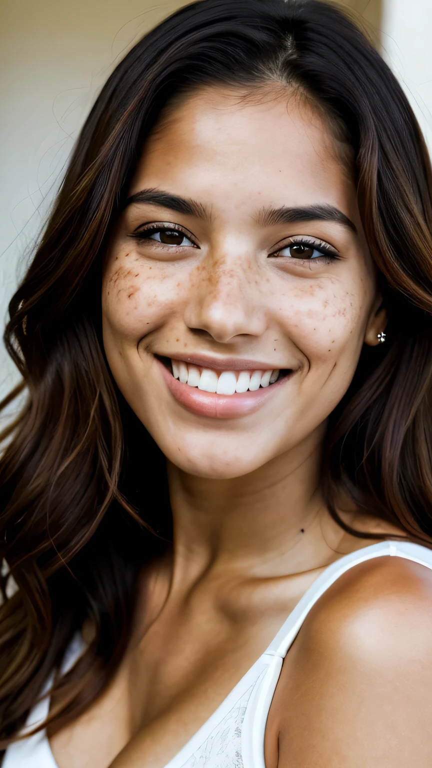 (1 person:1.2), beautiful latin woman, freckles, big smile, dark makeup, Super detailed photography, soft light, head and shoulders portrait, cover