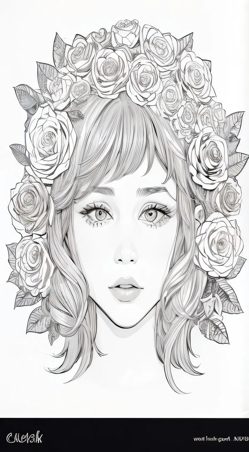 a girl with a wreath of roses in her hair, clean coloring book page, detailed feminine face, roses in her hair, line art portrait, beautiful line art, girl portrait, line art colouring page, detailed portrait of anime girl, black and white coloring, lineart behance hd, line art illustration, detailed attractive face, girl with a flower face, detailed digital drawing