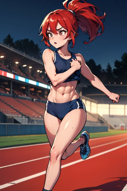 masterpiece、8K、beautiful girl,Athletics stadium at night、sunny,track and field athlete,running in a hurry,Clearly depict the contours of the face,Clearly depict the contours and colors of the eyes,Describe the whole body,beautiful posture,red hair、Sweat、oily skin、ponytail、fine skin、abs、Both hands clenched into fists、left foot in front of body、right foot behind body、Right arm in front of the body、left arm behind body、running shoes、Chest is small、Both arms bent at right angleale organ