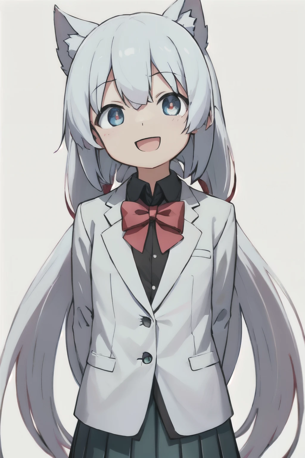 white background、Solid white background、blank background、arms behind back、hide your hands、beautiful detailed eyes、red eyes、White hair x red eyes、White hair, red eyes、redhead inside、「tsurime」「slant eyes」Upper body photographed from the front,(high quality, Breathtaking),(delicate eyes, perfect face)solo,Era: late 20s, open your mouth without showing your teeth、Smile with mouth wide open、open your mouth wide、long hair, white hair, white long sleeve blazer clothes,white pleated skirt、