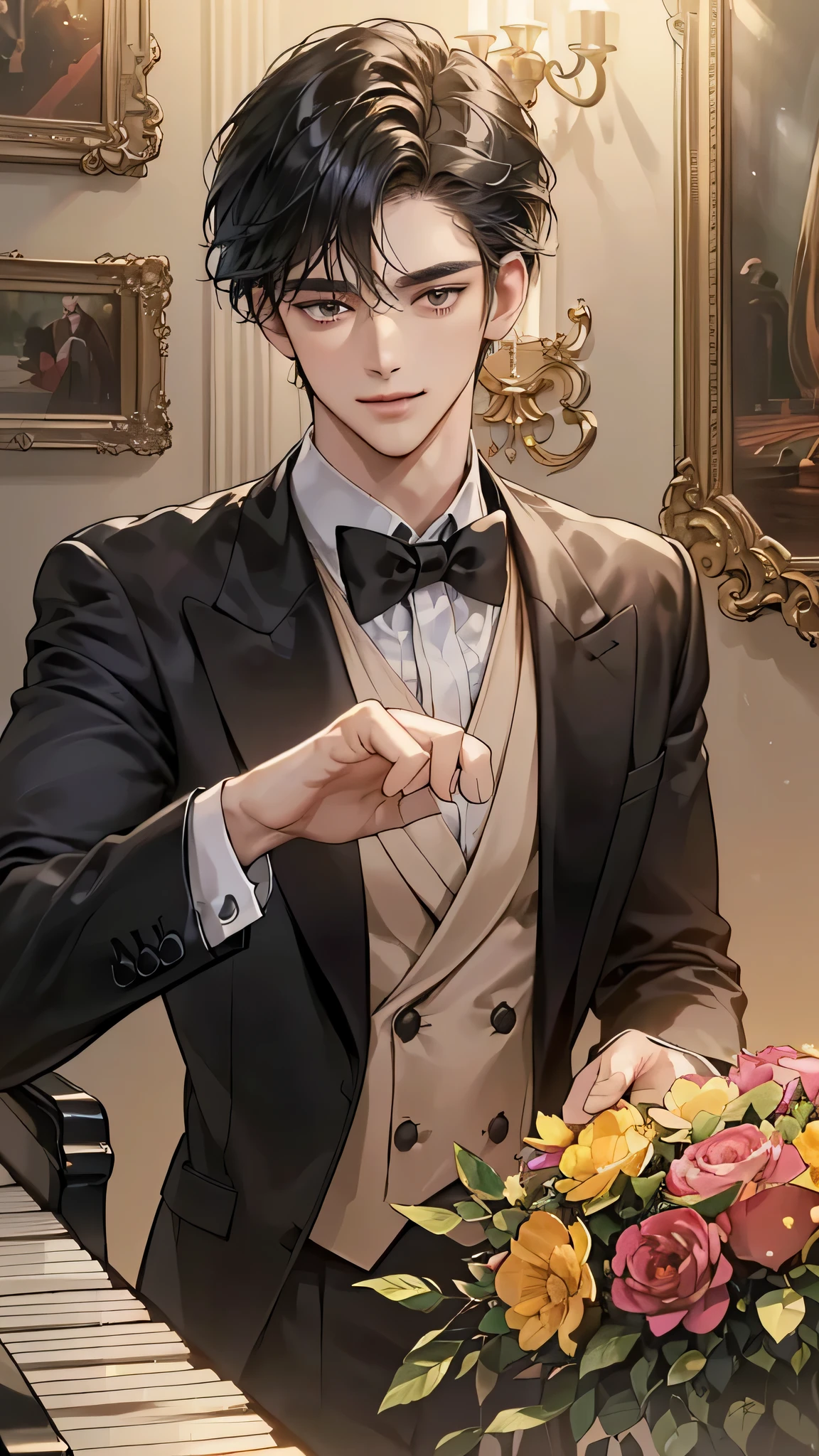 in the super-detailed, high-quality ((realismo:1.37}), ((realismo:1.37}), ((realismo:1.37}:1.1)) image. Your charming smile shines brightly, adding to the romantic ambiance ((envolvido en luz apagada)) as you immerse yourself in the Chopin solo concert. The soft lighting enhances the depth and emotion of the music, casting warm tones on your tuxedo and bringing out the intricate details of the piano keys. Your handsome young features are illuminated by the bright colors, each detail visible in the masterpiece that unfolds before us. The warm, inviting mood captiv