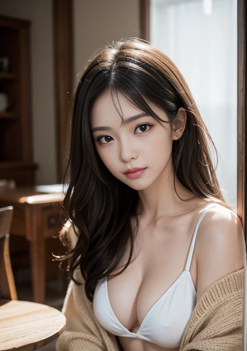 table top、highest quality、figure、 Super detailed、finely、 High resolution、8k wallpaper、Perfect dynamic composition figure、31 year old beautiful adult woman、A neat and clean woman、detailed face、fine eyes、rough skin、faint smile、small breasts、bold sexy pose、winter casual wear、