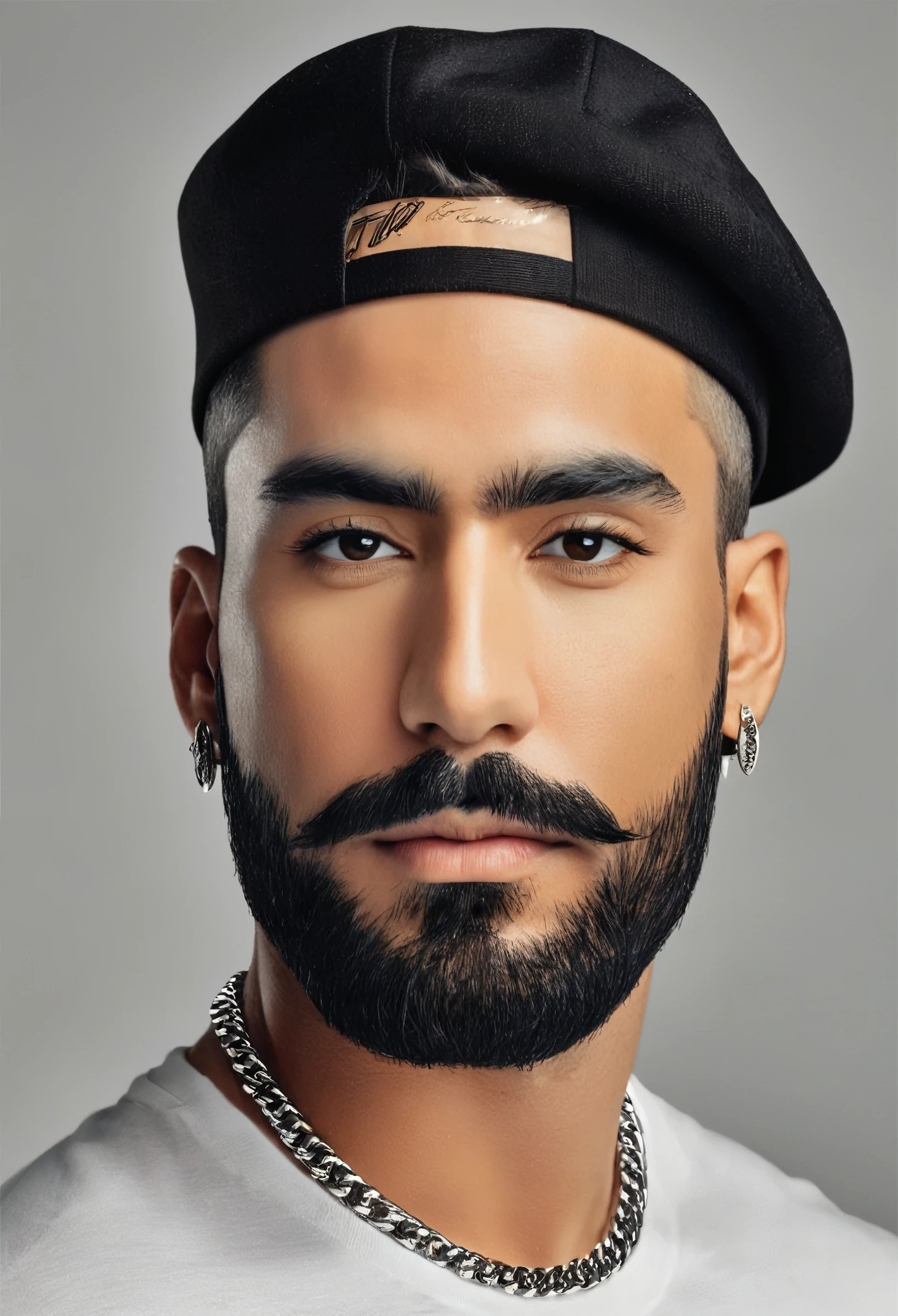 Create a hyperrealistic portrait that captures an unforgettable and extraordinary man with a well-trimmed beard and mustache, expressive eyes, and thick eyebrows. He dons a black cap adorned with a silver triangular logo. Two silver chains grace his neck: a shorter one with a simple cross pendant and a longer one featuring an ornate cross. His skin exhibits a light tan, suggesting meticulous care, and his full lips add to his distinct appearance. He is clad in black attire against a dark, blurred background that softly focuses on his visage. The masterpiece should have the quality of a photograph shot with a Pentax KP and Pentax HD DA 20-40mm f/2.8-4 lens, emphasizing gleaming, reflective, and glossy lighting effects that bring out the small details. The lighting is soft and frontal, ensuring no harsh shadows obscure the intricate features of his face, akin to the detailed complexity and dynamic beauty of a landscape with waterfalls, cataracts, and rapids.