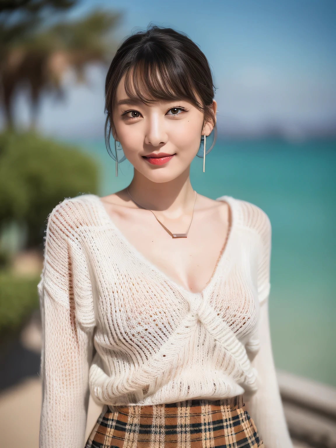 ((highest quality, 8K, masterpiece :1.3)), (realistic, Photoreal:1.4), sharp focus:1.2,
Bright colors, professional level, shallow depth of field,
20-year-old, 1 person, A beautiful face with intelligence,
Supple body :1.3, model body shape:1.5, 頭w:1.4, perfect style:1.4,
narrow shoulders, beautiful clavicle, long and thin legs, The beauty of slim abs :1.2, thin waist :1.2,
super detailed skin, Fair skin, Shiny skin,
super detailed face, slim facial contour, beautiful small face, Beautiful lined nose,
super detailed eyes, long slit eyes, brown eyes, double eyelid, beautiful thin eyebrows, fine long eyelashes,
super detailed lips, plump lips, glossy pink lips, flushed cheeks, beautiful teeth,
Beautiful actress's ennui makeup, pink lipstick, (necklace, earrings),
milk greige hair, delicate soft hair,
(hair up, medium short hair, ponytail:1.2), layer cut, (dull bangs:1.2),
(Dress up with trendy fashion:1.2),
gentle smile, open mouth half way, Enchanted expression, stare at the camera,
dynamic lighting, ((Hasselblad Photos)),
((She is completely naked and is wearing a tight white sweater with a plaid pattern made of knit fabric.:1.3)),
((I'm wearing a peplum skirt:1.3)),
(perfect breast shape, B cup:1.2), It is a small pale pink areola., slouch,
She has a cute plump butt, My thighs are dazzling,
(View from the front, pay attention to the ankles, full body portrait:1.5),
blue sky and aegean sea, sea beach, The horizon of the ocean spreading out in the background,
walking with beautiful posture,
Posing with palms like a , spreading my legs,
cinematic lighting, midsummer rays, Bright light shining all over,