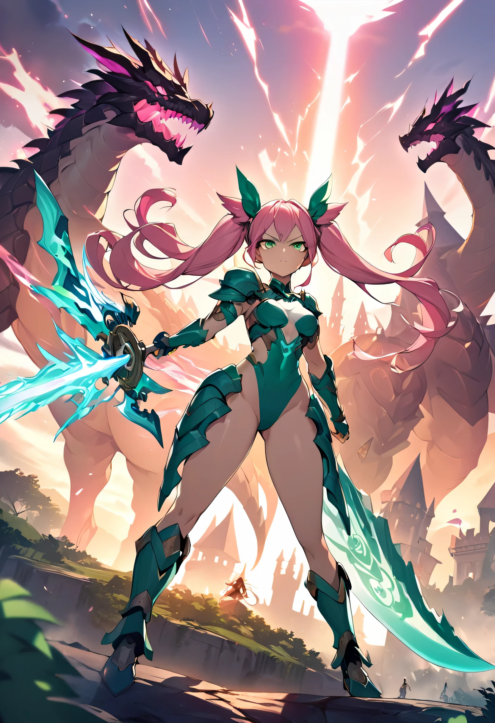 1girl, solo, anime-styled, stunning warrior girl, with porcelain skin, captivating green eyes, long flowing pink twintails, toned body, slender but curvy, in formfitting armor holding ornate sword), fantasy landscape with castle looming, battling dragon creature made of energy, ((crisp crypto tokens swirling around)), determined expression, 16k, high resolution, fantasy,