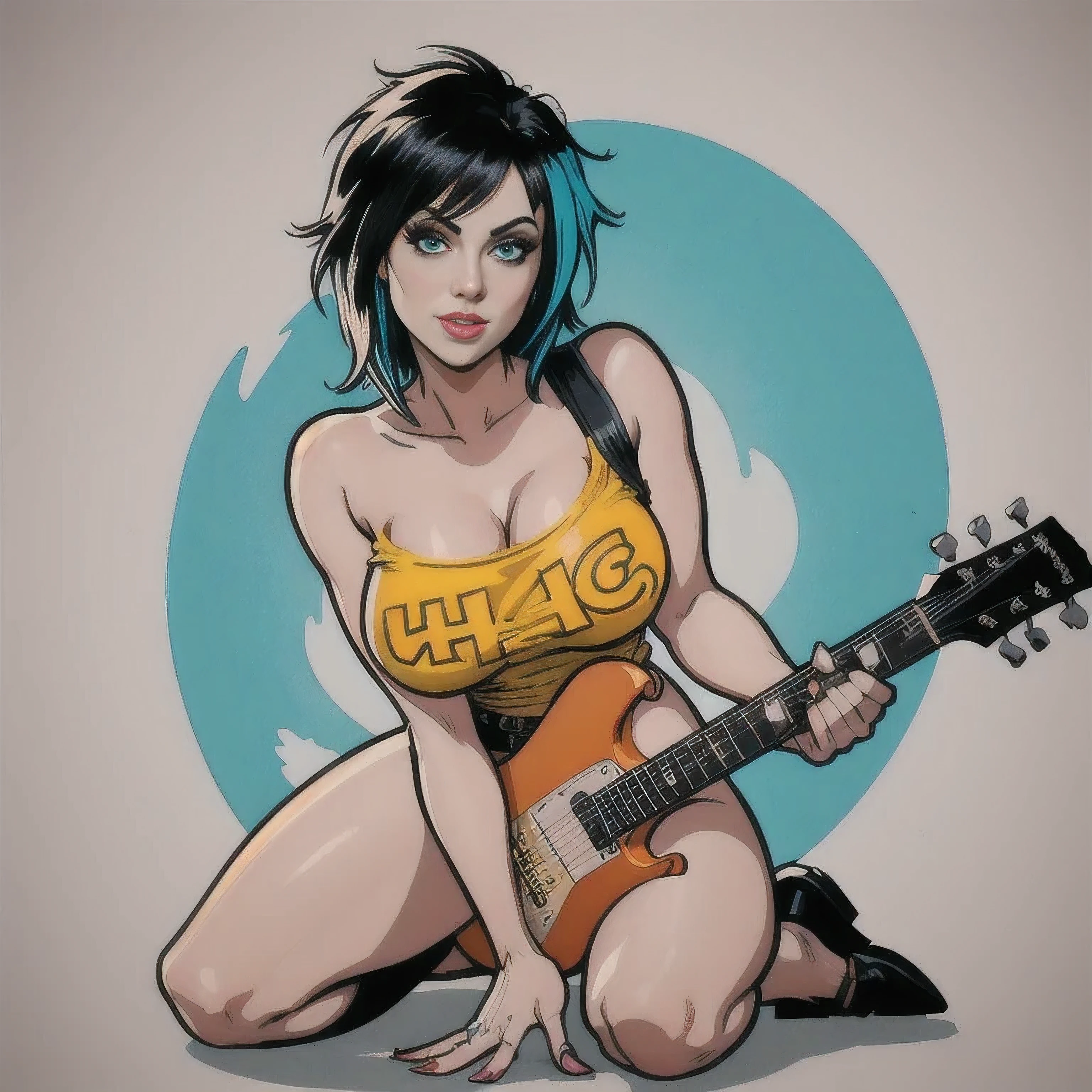 STICKER, (solid outline:1.3), (NSFW:1.2), A detailed illustration of a vivid Joan Jett, kneeling down topless, full-Length, Joan Jett holding a Guitar, Joan Jett, breasts exposed, big breasts, lush breasts, voluminous breasts, firm breast, detailed hands, black hair, solo, one character, medium body, turquoise eyes, gentle smile, very beautiful fantasy art, vintage t-shirt design, in the style of hand drawing, 3D vector art, fantasy art, watercolour effect, Adobe Illustrator, hand-drawn, digital painting, low-poly, soft lighting, isometric style, retro aesthetic, focused on the character, 4K resolution, rock chicks on stage (candid, photographed at f/11, ISO800, 35mm)