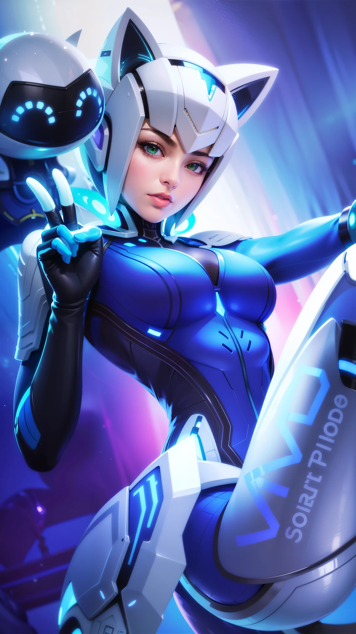a close up of a woman in a futuristic suit, (female:1.2), 8k, ultra hd, ultra detailed texture, hyper realistic, masterpiece, detailed texture, detailed face, detailed skin, detailed lighting, (photorealistic:1.5), best quality, beautiful lighting, cinematic lighting, professional lighting, ultra highres, realistic, high quality, (realskin:1.5), extremely detailed, finely detail, ultra-detailed, 1girl, solo, floating, (green eyes), glowing eyes, red lips, v-shapped eyes, colored skin, dark skin, purple skin, nose, pretty, beautiful, make up, large breasts, thigh, pauldrons, black pants, belt, purple coat, mechanical wings, armor shoulder, gloves, eudora \(mobile legends\), depth of field, looking aways, skin tight, amazing pose, glowing electric, lighting, cinematic background, smile.