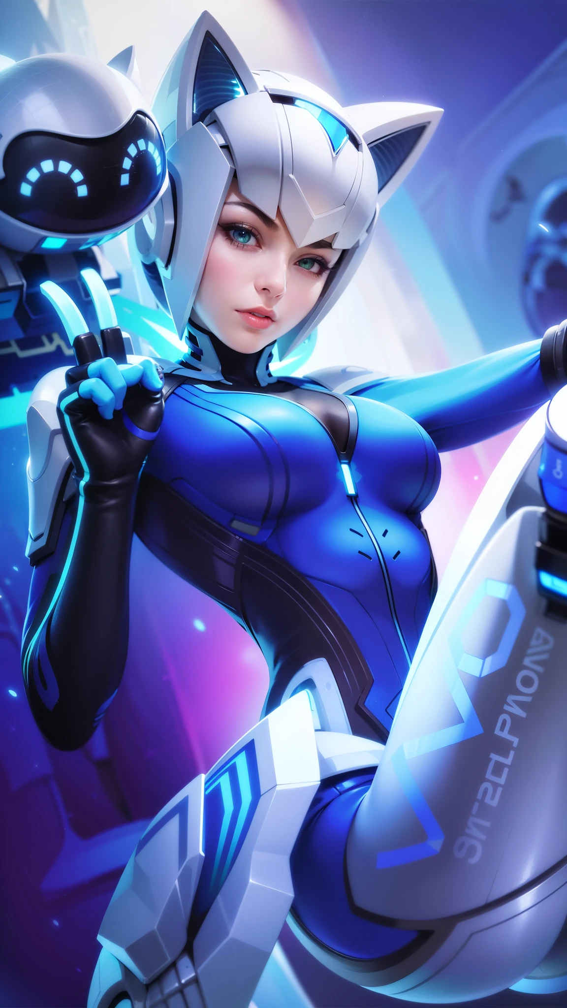 a close up of a woman in a futuristic suit, (female:1.2), 8k, ultra hd, ultra detailed texture, hyper realistic, masterpiece, detailed texture, detailed face, detailed skin, detailed lighting, (photorealistic:1.5), best quality, beautiful lighting, cinematic lighting, professional lighting, ultra highres, realistic, high quality, (realskin:1.5), extremely detailed, finely detail, ultra-detailed, 1girl, solo, floating, (green eyes), glowing eyes, red lips, v-shapped eyes, colored skin, dark skin, purple skin, nose, pretty, beautiful, make up, large breasts, thigh, pauldrons, black pants, belt, purple coat, mechanical wings, armor shoulder, gloves, eudora \(mobile legends\), depth of field, looking aways, skin tight, amazing pose, glowing electric, lighting, cinematic background, smile.