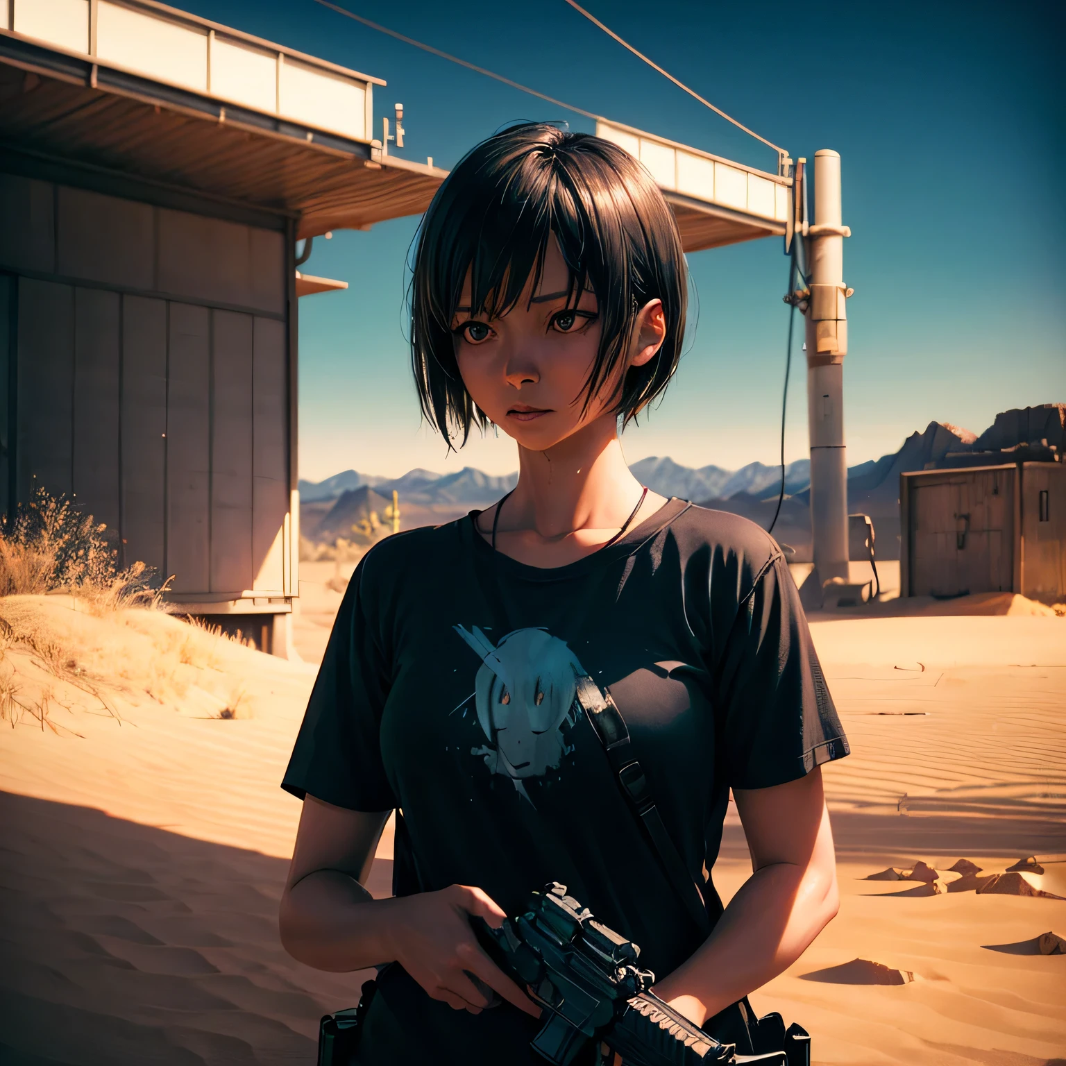 photograph, (realistic: 1.4), (surreal: 1.4), (cinematic: 1.5), woman in her 20s, Japan, Woman with a gun, (desert eagle), Nikita, night, cyan light, tension, short hair, Holding the gun with both hands, underground, black t-shirt, wall electrical cord, water pipe