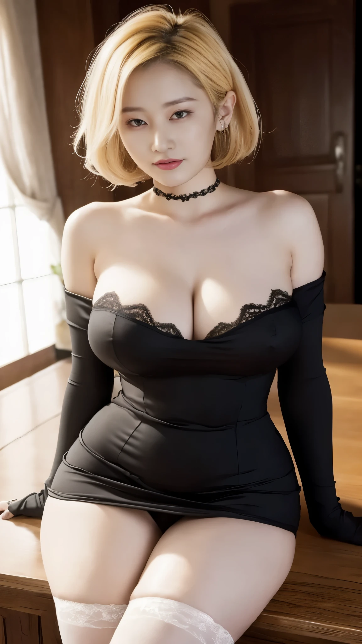 masterpiece:1.3), (High resolution:1.1), Detailed beautiful face, Detailed beautiful, (huge breasts, gigantic breasts:1.4 araffed woman in a black dress posing on a table, sexy dress, , better known as , young beautiful , black dress, cleavage, busty, very sexy outfit, wearing a tight black dress, elegant posed, opened dress, soft curvy shape, buxom chested, dressed in black, korean girl, Korean sexy